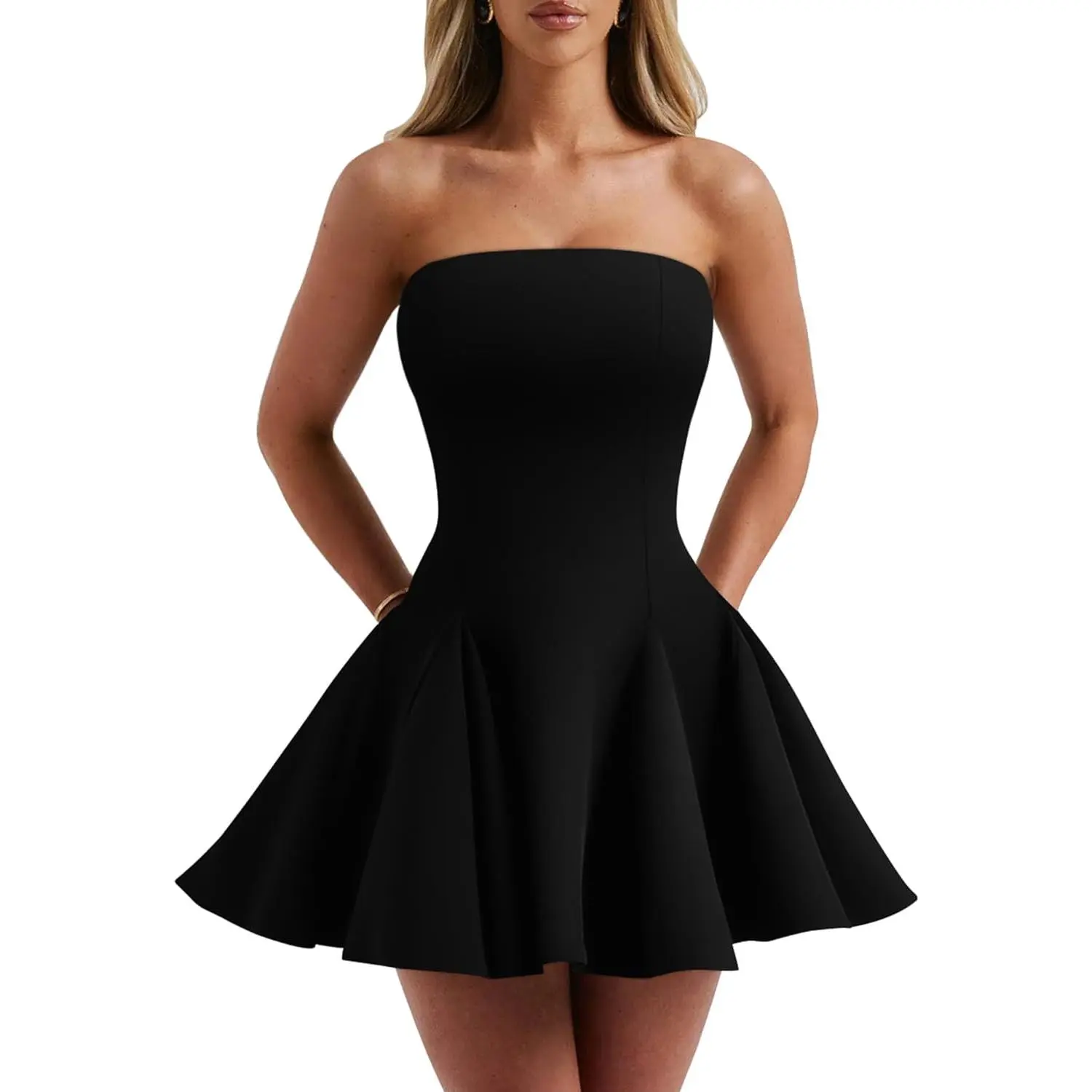 Cute Strapless Mini Dress for Women, Chic A-Line Off-Shoulder Ruffled Hem Cocktail Dress for Party & Homecoming, Gorgeous, Lady, Solid, Breathable, Tube, Clothes, Fabric, Short, Sleeveless