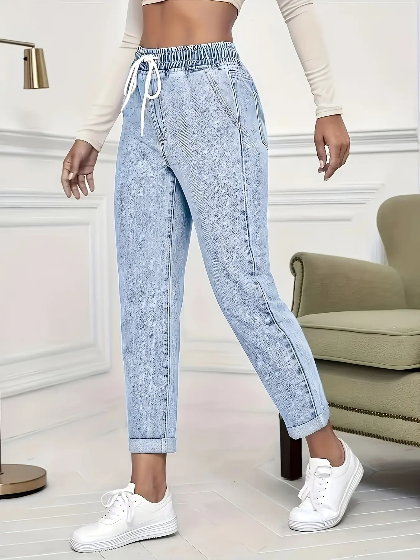 Fashionable Casual Women's Elastic Drawstring Waist Slim Fit Denim Jean Pants, Perfect for Dates, Concerts, Parties, Clubs, Holidays Denim Bottoms