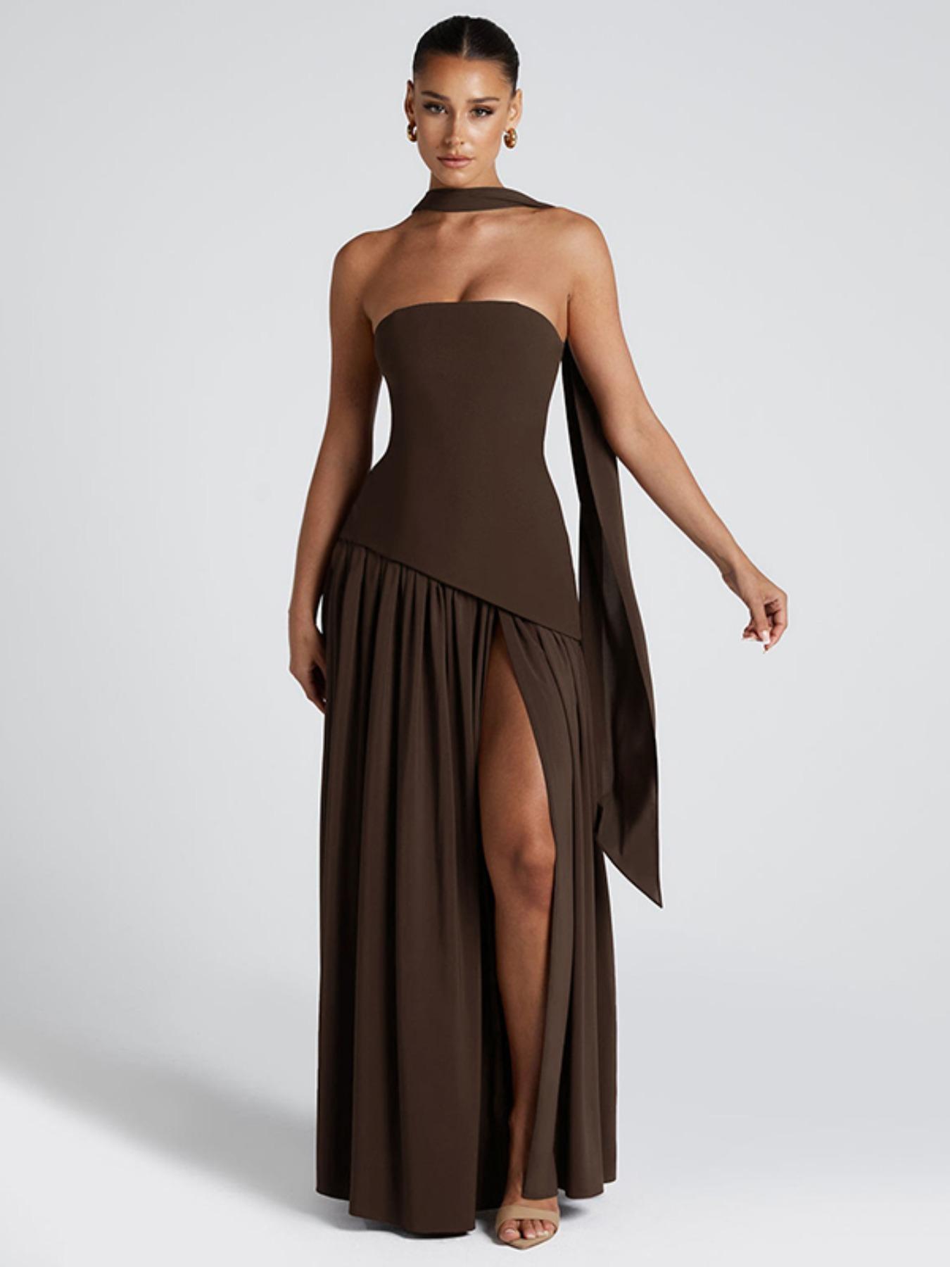 Women's Plain Split Thigh Body Con Tube Dress with Scarf, Elegant Strapless Dress for Party Club Beach Vacation, Ladies Clothes for All Seasons, Bodycon Party Dress Women's Plain Split Thigh Body Con Tube Dress with Scarf, Elegant Strapless Dress for Party Club Beach Vacation, Ladies Clothes for All Seasons, Bodycon Party Dress