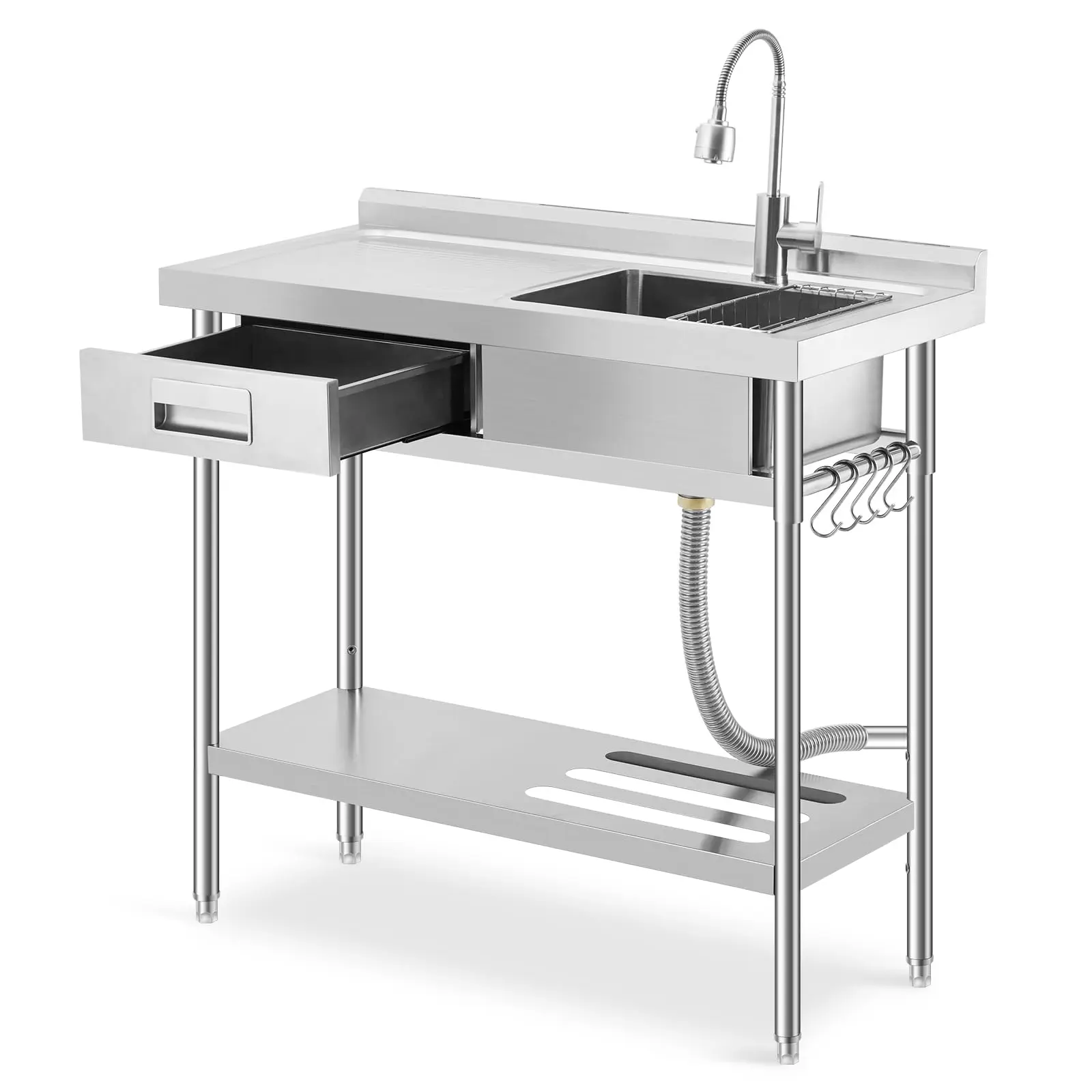 Garvee Stainless Steel Utility Sink - Commercial Single Bowl Prep Sink with Workbench & Drawer, Freestanding Kitchen Sink with Pull-Out Faucet & Storage Shelf, for Garage, Laundry - 39.5 X 23.6 x 31.5 Inch