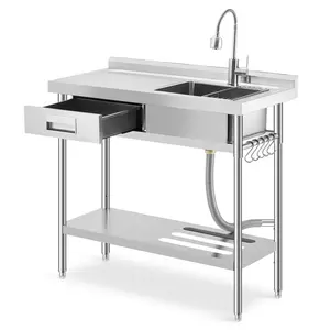 Garvee Stainless Steel Utility Sink - Commercial Single Bowl Prep Sink with Workbench & Drawer, Freestanding Kitchen Sink with Pull-Out Faucet & Storage Shelf, for Garage, Laundry - 39.5 X 19.5 x 38.5 Inch