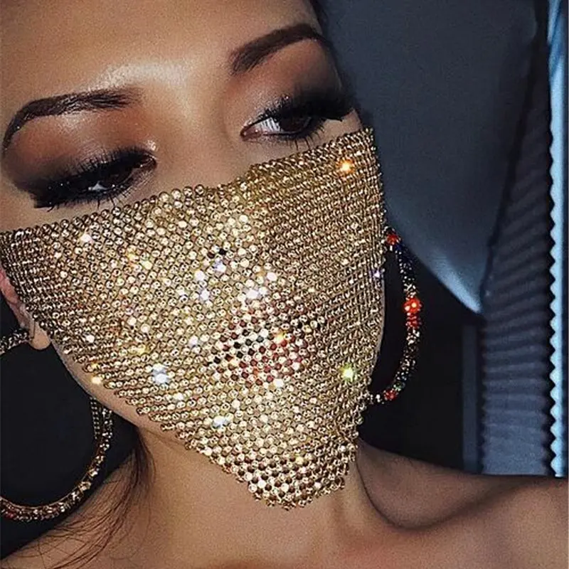 Women's Shiny Rhinestone Face Mask - Hollow Crystal Mesh Fashion Accessory with Adjustable Loops, Lightweight Neon Rose Gold Style for Rave, Birthday, Live Event Use, Accessories, Party, Rhinestones, Luminous, Masks, Club, Breathable
