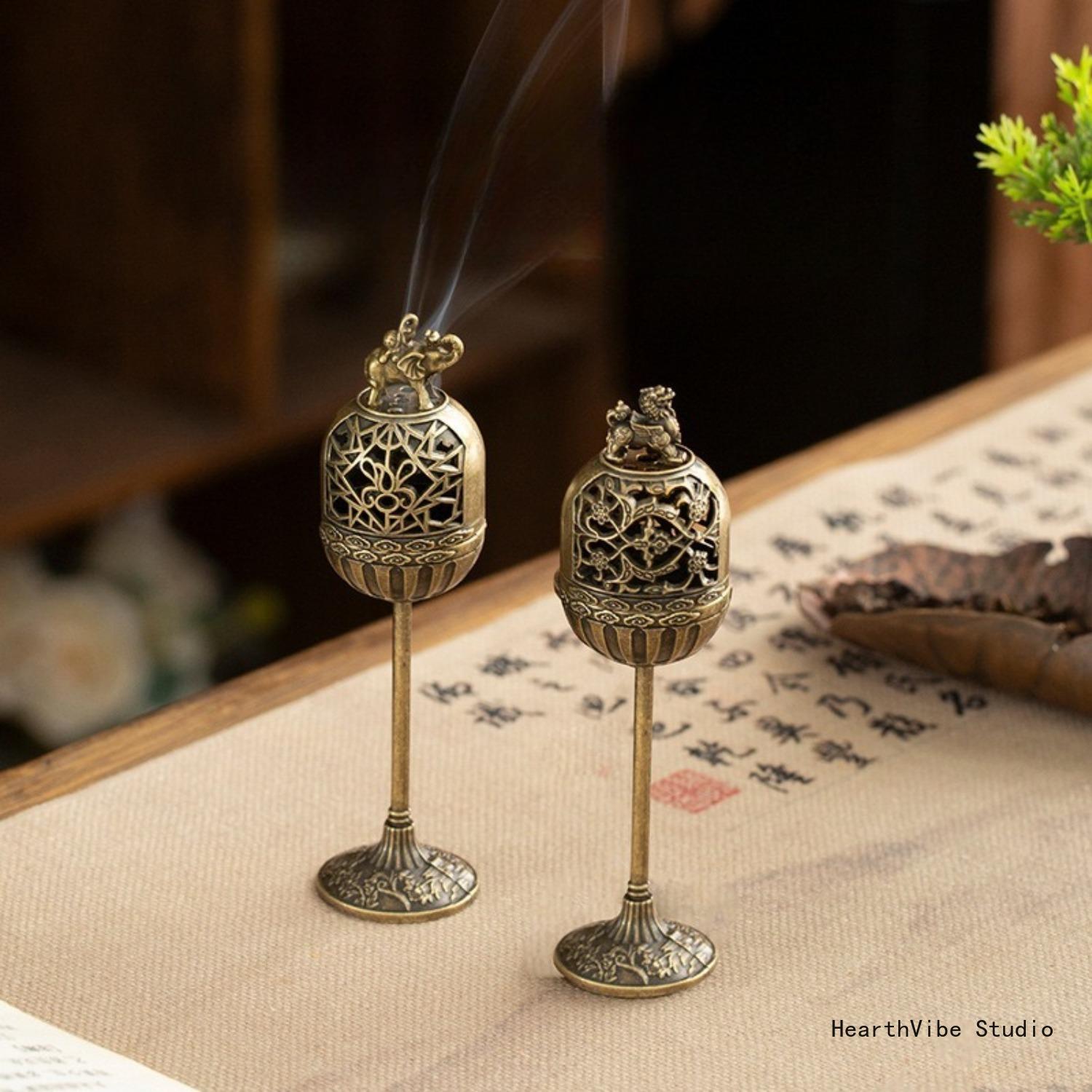 Wealth-Attracting Pixiu High-Foot Incense Burner — Qilin-Themed Palace Lantern-Style Censer — Compact Indoor Home Use Auspicious Cloud Coil Incense Holder — Lucky Elephant Aromatherapy Burner