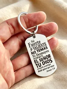 1Pcs Spanish Josué 1:9 Dog Tag Keychain Bible Verse Stainless Steel Keyring Faith Encouragement Gift For Latin Christians Baptism Easter Present