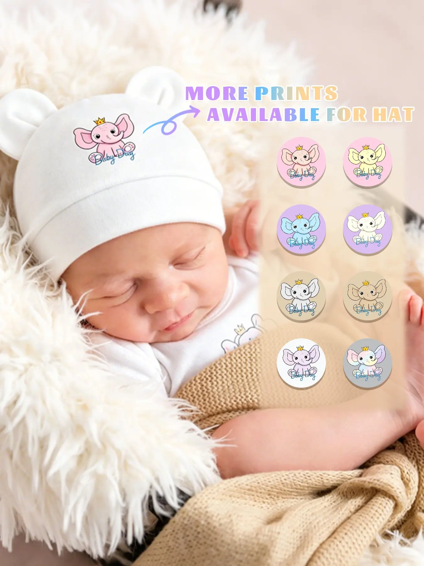 1PC Baby Cute Double‑Eared Beanie, Soft Comfortable Elephant Print Newborn Hat, Solid Color Hospital Baby Cap for Infant Daily Rest Wear