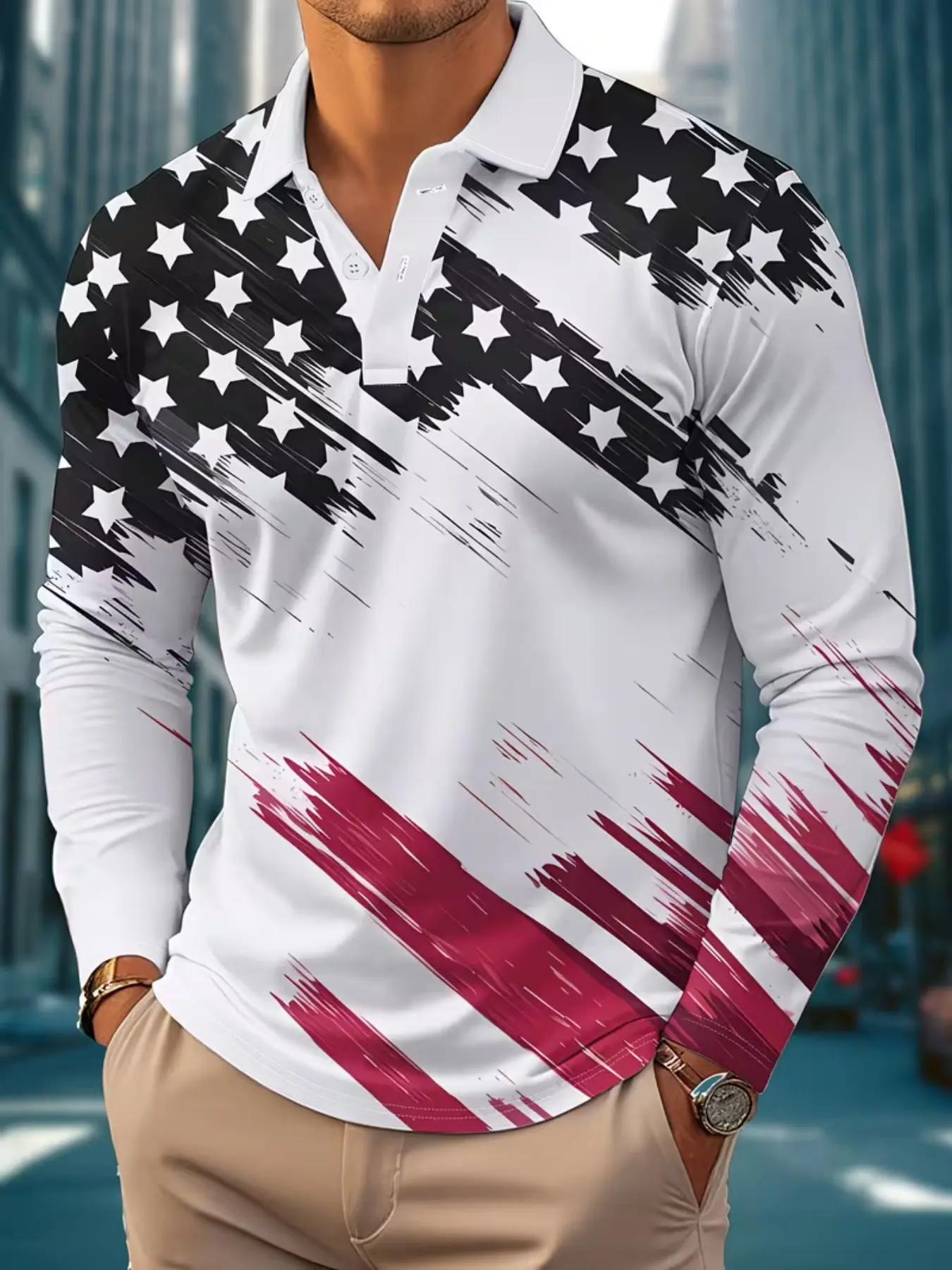 Men's Patriotic 3D Printed High Neck Long Sleeve Shirt, Casual Qq Design with American Flag Pattern, Ideal for Golf, Tennis, All Seasons