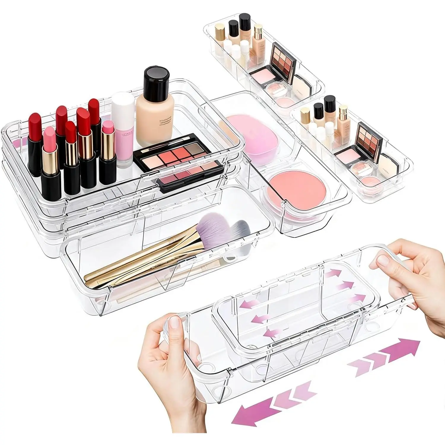 16 count Extendable Clear Drawer Organizer,  Adjustable  Storage Box, 2-Size Desk Drawer Organizer, Durable Storage Bins for Makeup, , Bedroom Dressers Tool Organizer for Gadgets
