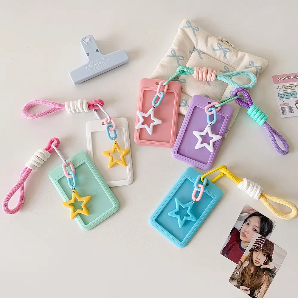 Cute Sliding Card Holder with Lanyard, Pastel Color ID Badge Holder for Students, Transit Card Case & Kpop Photocard Display Holder