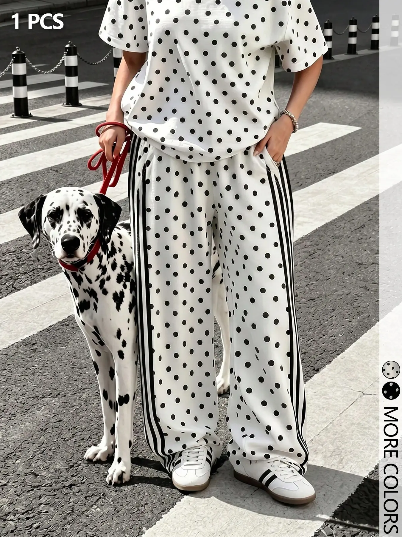 Women Casual Loose Wide Leg Uncuffed Sweatpants All Over White Polka Dot Print Vertical Three White Stripe Side Elastic Waist Relaxed Fit Floor Length Straight Track Pants Streetwear