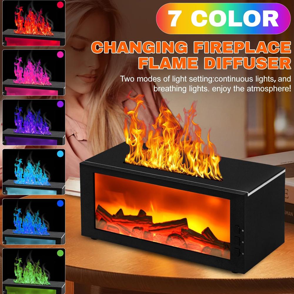 Upgraded 300ml Fireplace Diffuser Essential Oil 7 Colorful Large Flame Fire Humidifier Changing Aroma Diffuser for Aromatherapy Yoga Room Bedroom, Room, Office, Home with Remote Timer and Auto Off