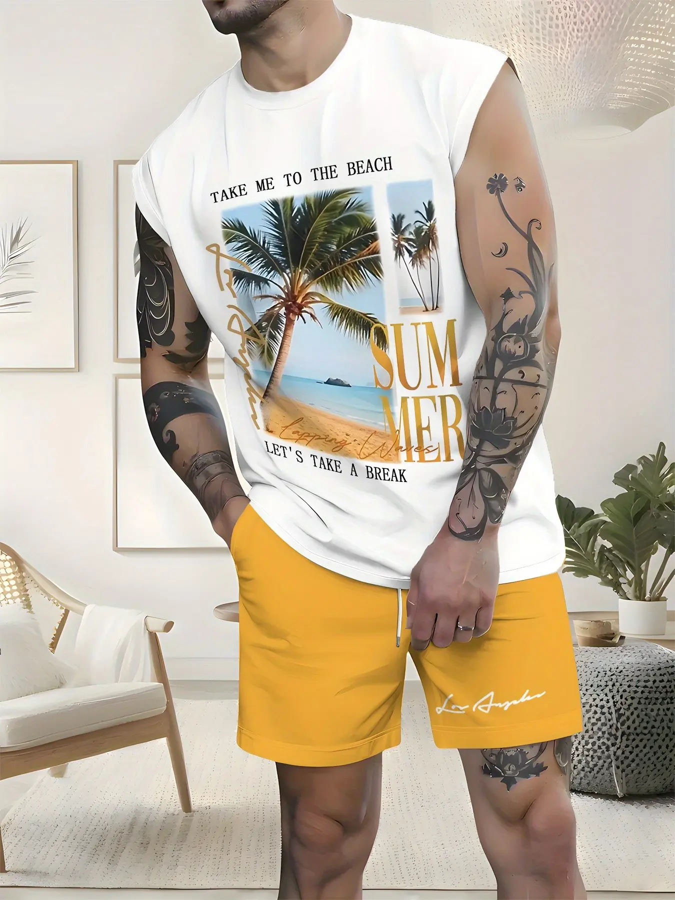 Summer Men's Sleeveless Tank Top Set, Coconut Tree Print Beach Shorts, Casual Sporty Two-Piece, Slim-Fitting, Above the Knee