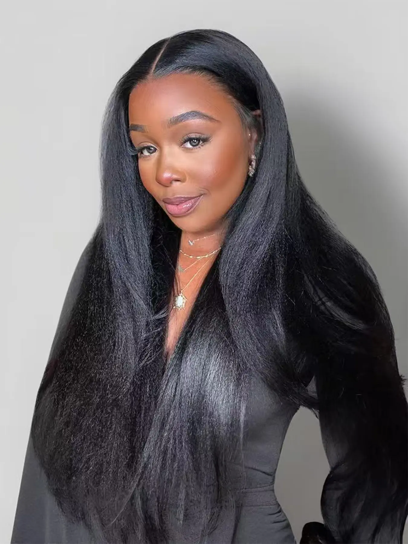 26-Inch Yaki Straight Wig, 13x4 Front Lace, Heat-Resistant Synthetic Fiber, Natural Hairline, Comfortable and Breathable, All Seasons, Lace Wigs