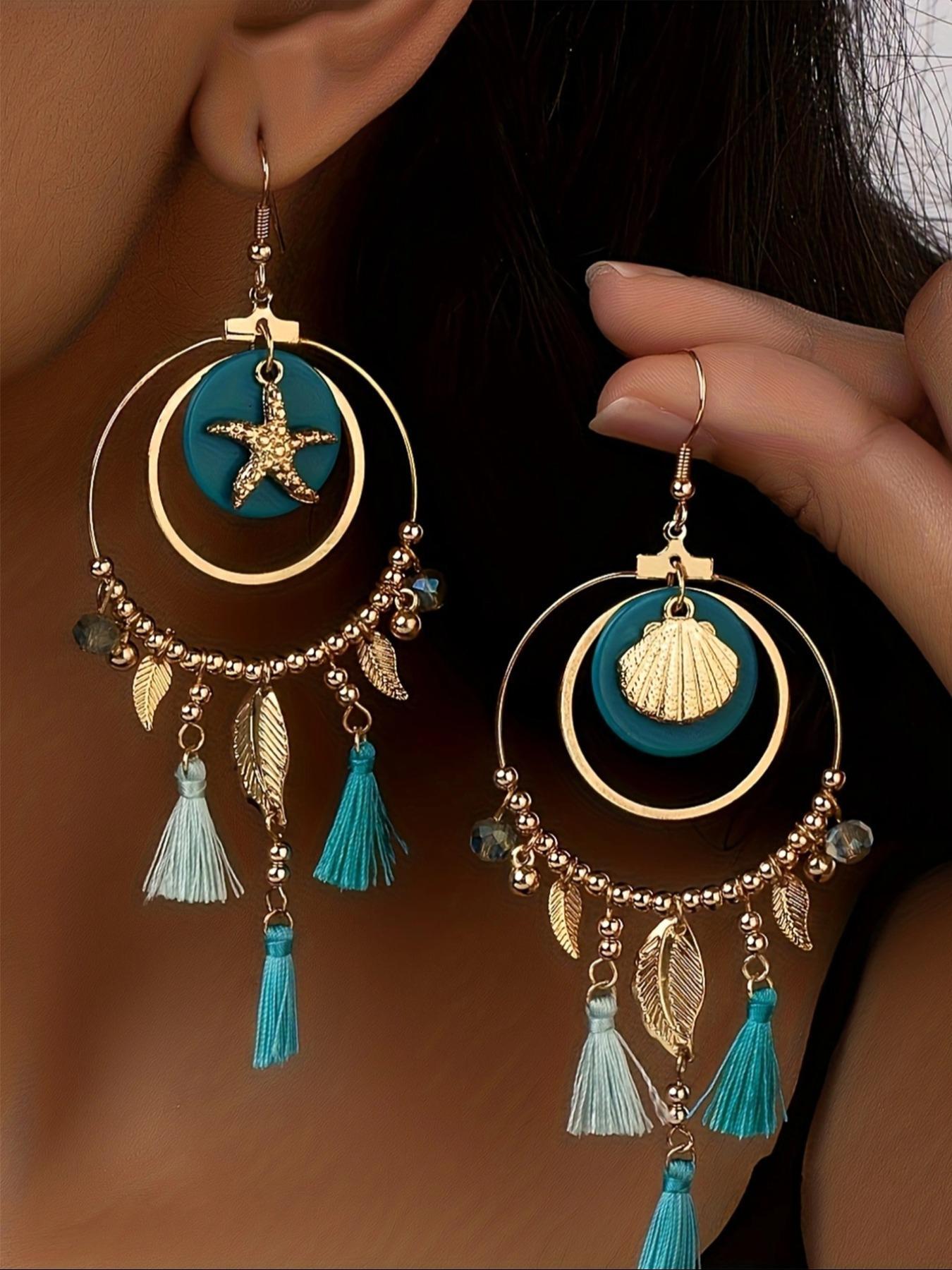 Fashionable Boho Style Tassel & Leaf & Beaded Design Dangle Earrings (1 Pair), High Quality Earrings, Fashion Ear Jewelry for Women, Daily Clothing Decor, Trendy All-match & Exquisite Jewelry for Birthday Gift