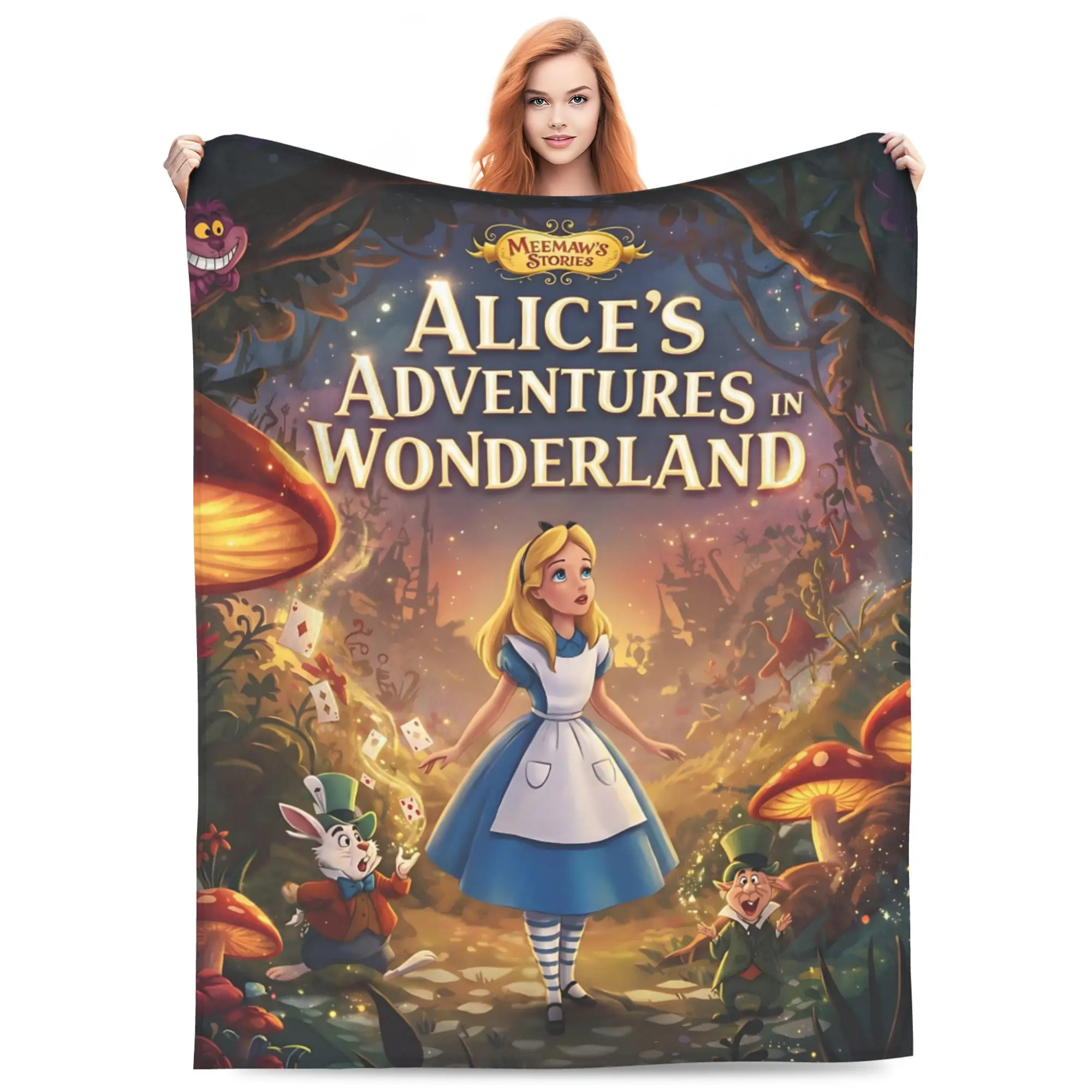 DISNEY CLASSIC Alice's Adventures in Wonderland Forest Flannel Blanket. Alice, White Rabbit, Mad Hatter, Cheshire Cat, glowing mushroom & poker cards. Soft cozy throw for sofa bed, gift for fairytale lovers & kids., Room Decor, Home, Whimsical Home Decor