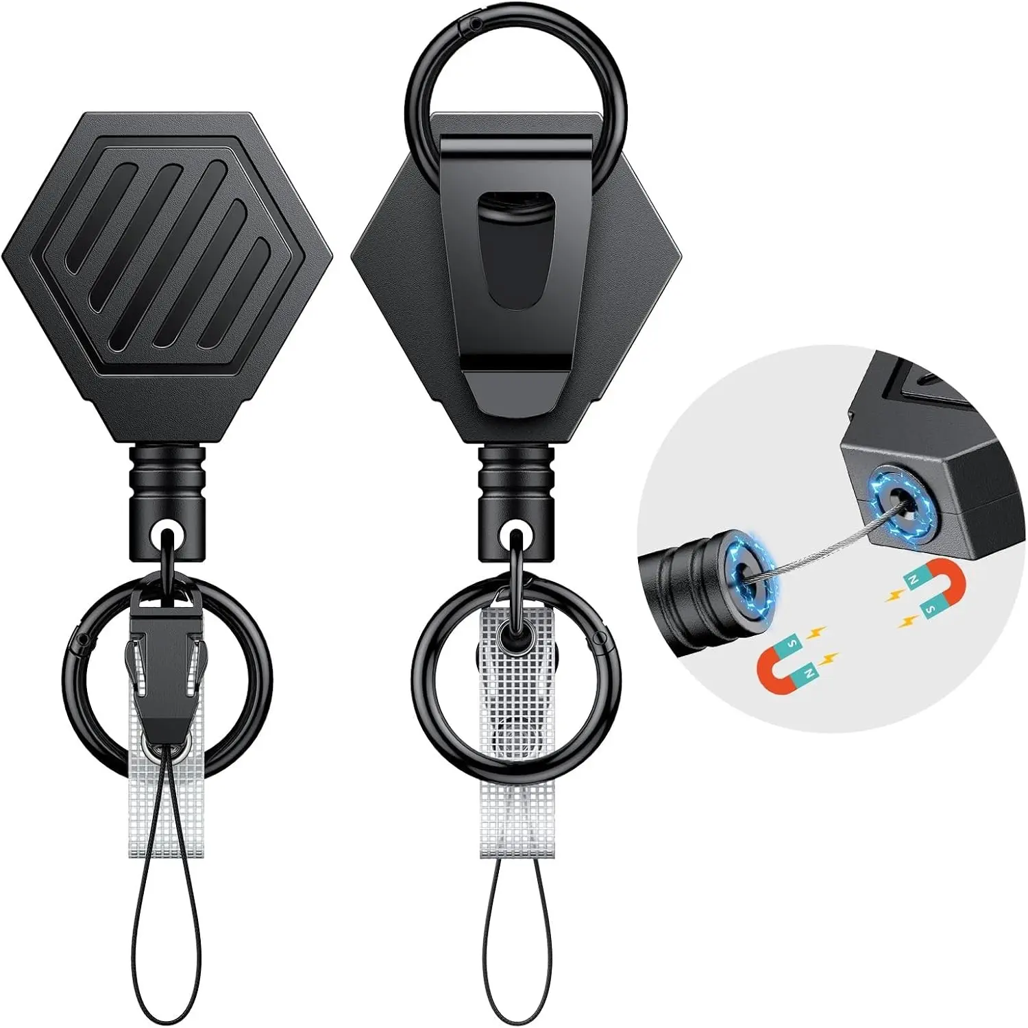 2 Pcs Retractable Keychain Magnetic Badge Reel Heavy Duty Black | Magnetic ID Badge Holder, with 35" Stainless Steel, Spring Coil, ABS Casing Belt Clip and Carabiner Ring