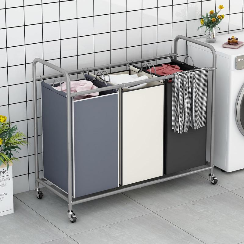 3-Bag Laundry Basket Hamper Laundry Sorter Cart laundry room organization with Heavy Duty Rolling Lockable Wheels and Removable Bags【A001】 Deals For You Days