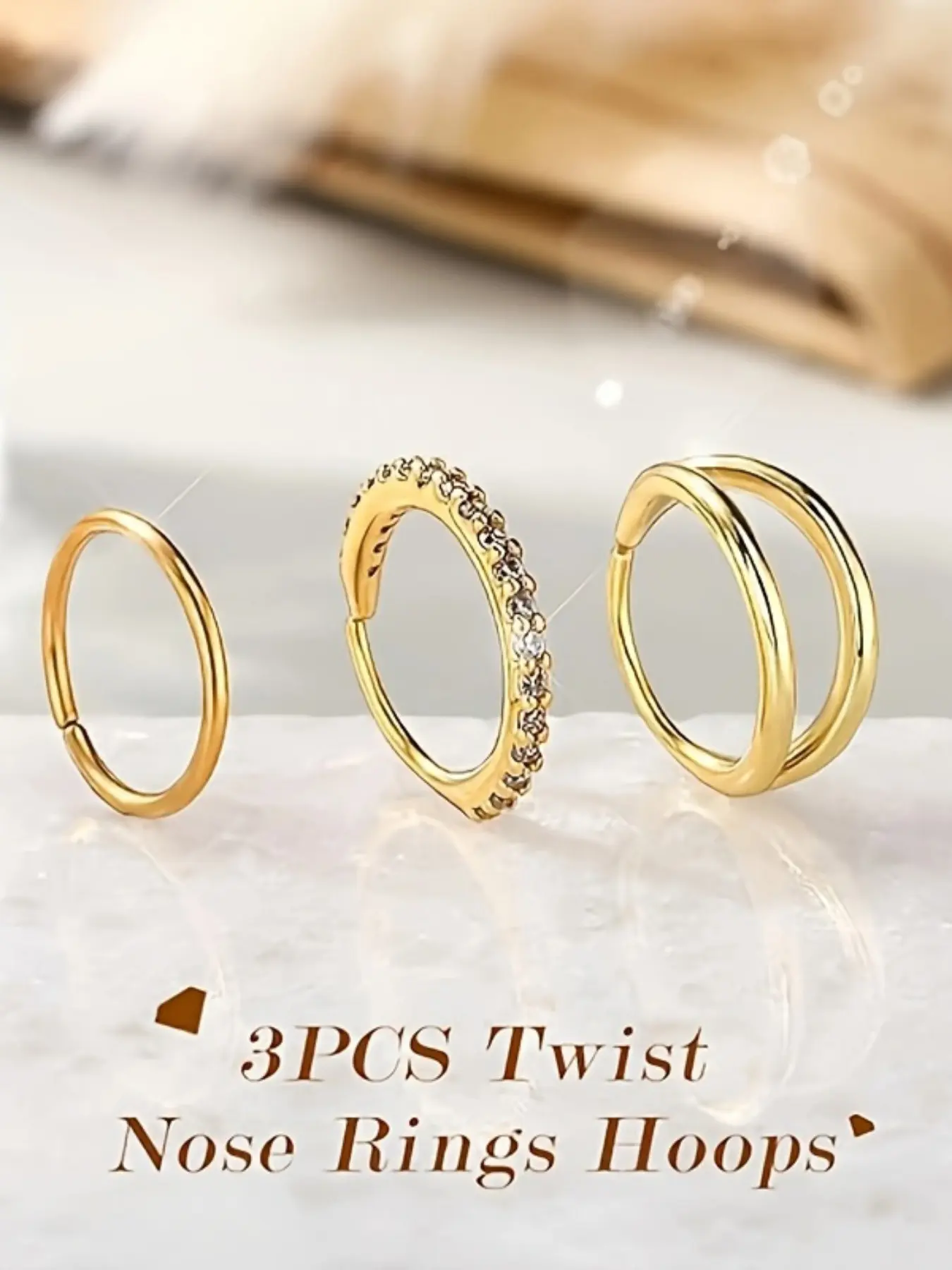 3-Piece Fashionable Stainless Steel Cubic Zirconia Nose Rings, Double Wire Ear Cuffs, Tragus Rings, Lobe Rings, Easy to Wear