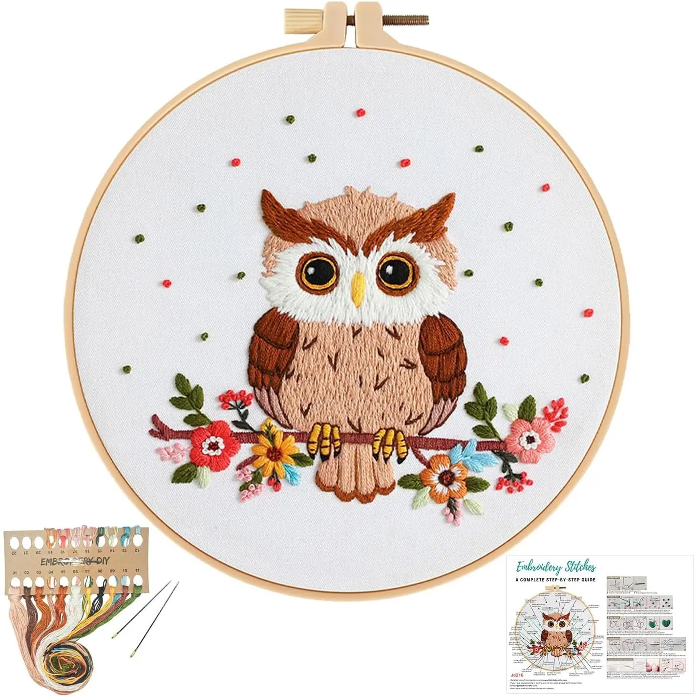 Owl Floral Embroidery Kits for Beginners - Adults Starter DIY Needlepoint Kits with Synthetic Thread and Hoop