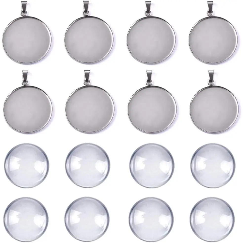 60 count 20mm Stainless Steel Pendant Trays Kit-30Pcs  Blanks with Pinch Clip Clasp and 30 count Glass Cabochons for  Making DIY Crafts