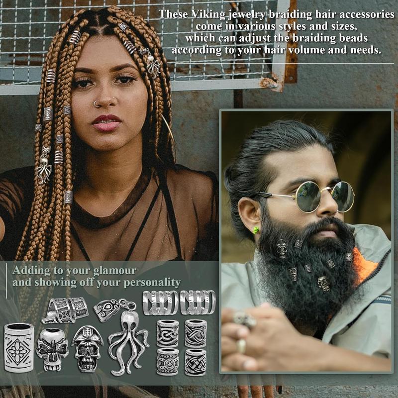 207 count  Hair  Nordic Runes Tube Beads,Accessories Kit for Braids Dreadlock Beard Locs,Metal Clips Cuff Rings,Braiding Beard Decoration Bracelets Pendant Necklace DIY
