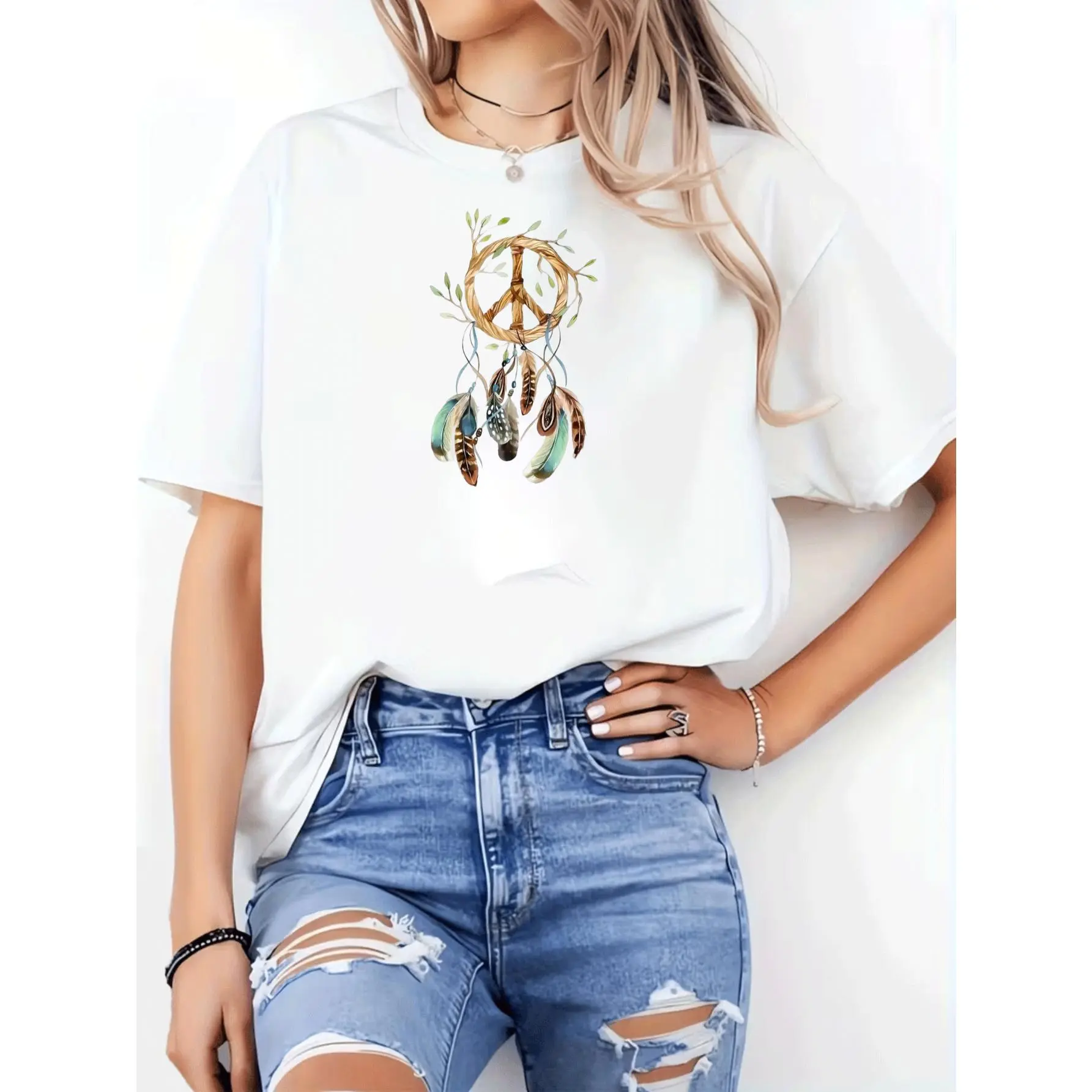 Women's Fitted Short-Sleeve Round Neck Peace Sign Dreamcatcher Graphic Top - Soft Cotton, Casual Clothes, Sporty Chic, Bohemian Basics, Korean Retro Preppy Style, for Daily Streetwear, Sportswear, Shortsleeve, Tops