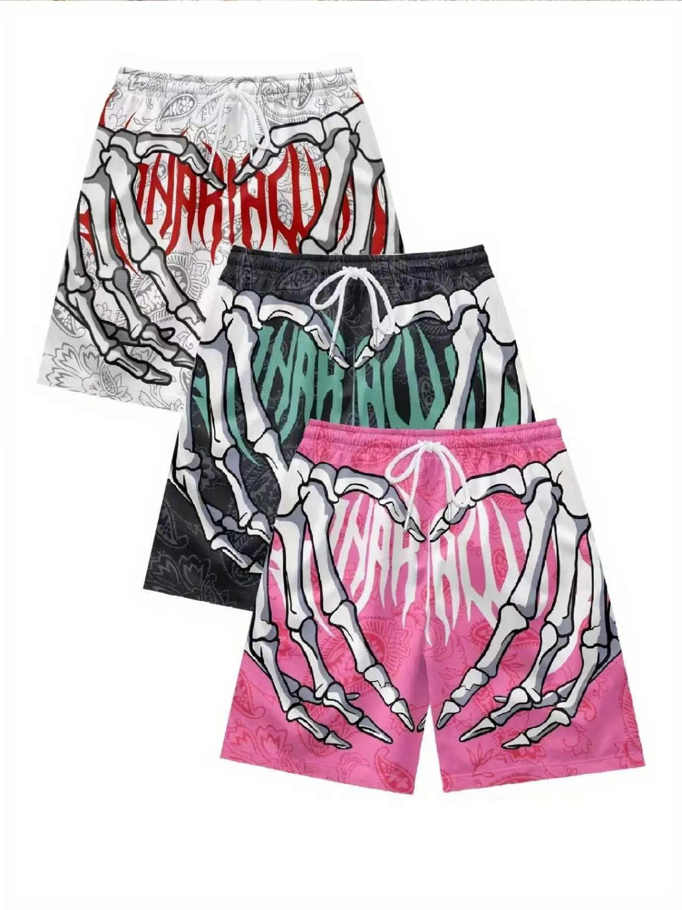 3 Pcs Men's Beach Shorts, Skull Hand Heart Letter Paisley All over Print, Casual Fitted Knee-Length Swim Trunks, Drawstring Waist, Summer Fashion, Printed Swim Trunks