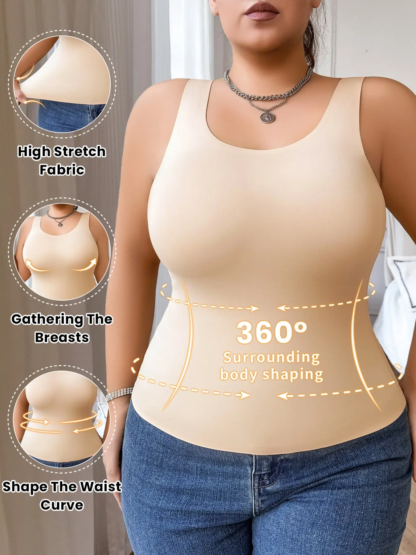 1/2 Pack Plus Size Seamless Smooth Light Shaping Tank Top, 360 Tummy Control Daily Camisole, Wide Strap U Neck Outer Shapewear for Curvy Women