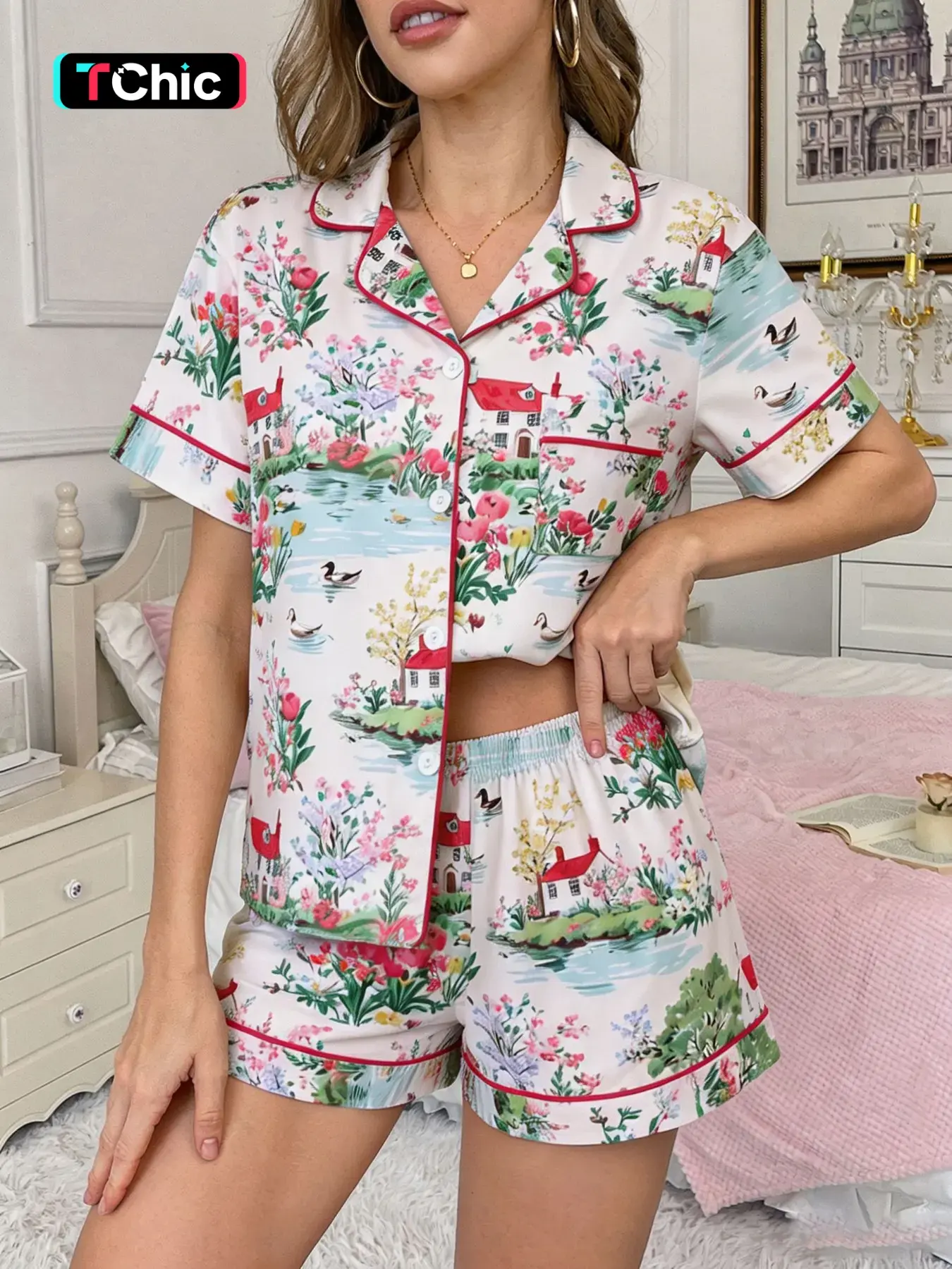 2-piece women's white bottom water color painting style lakeside cottage duck flower print short sleeved shorts soft comfortable fabric top small pocket lapel design elastic waistband home casual women's sleepwear set, Homewear