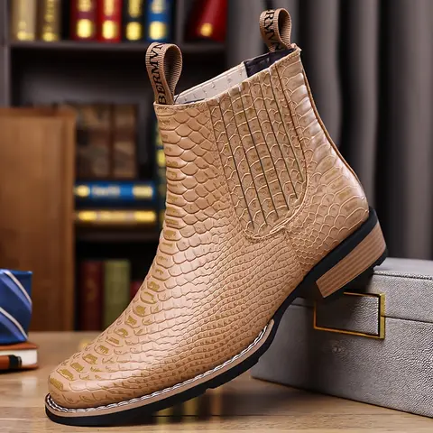 Men's Crocodile Pattern PU Leather Chelsea Ankle Boots - Casual Wear Retro Vintage Square Toe Slip-On Short Boots