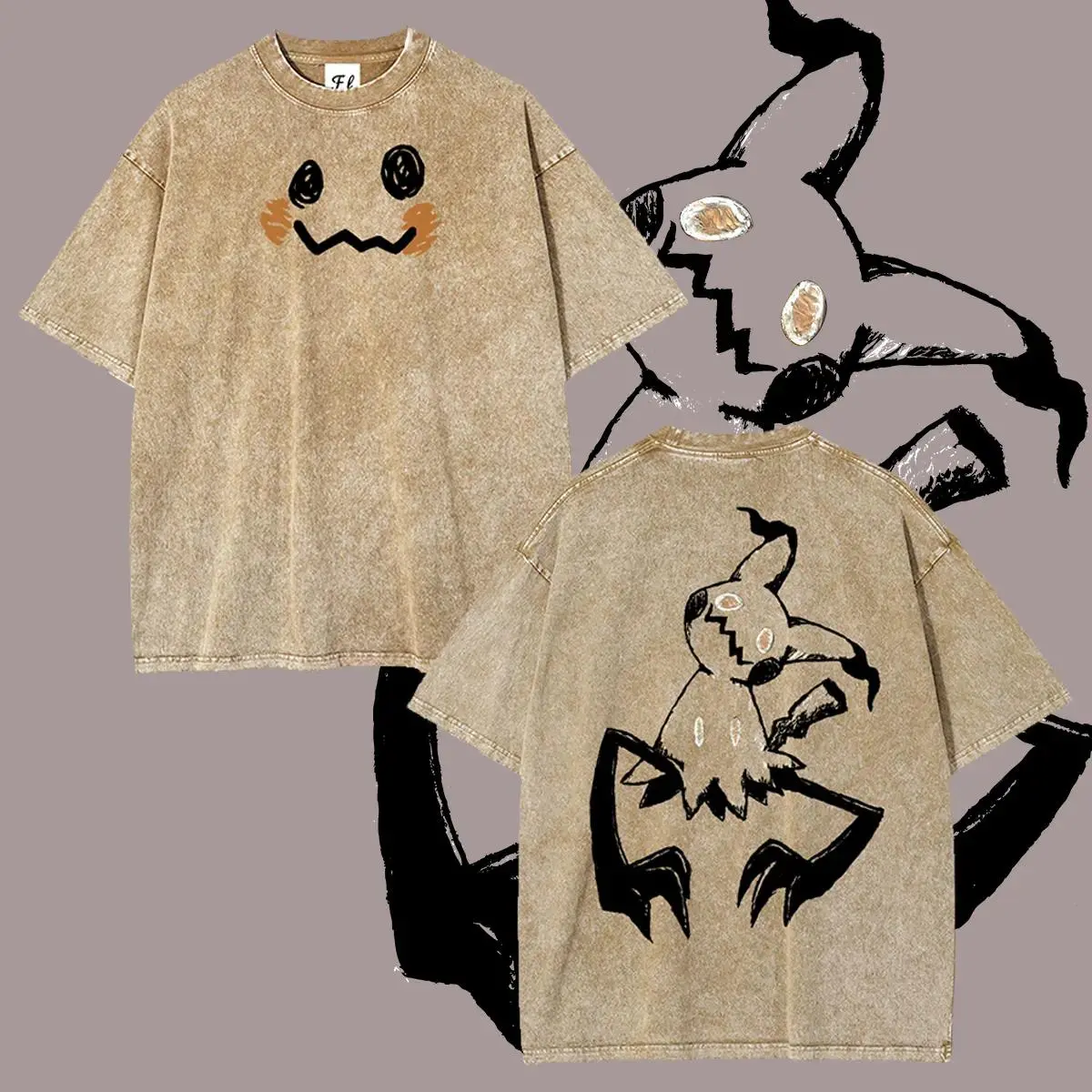 Retro Vintage "Monsters" Graphic Tee, Unisex Oversized Batik Cotton Mimikyu T-Shirt, Ultra Soft Pre-Shrunk All-Seasons Casual Streetwear Top, Machine Washable, Ideal Men's Gifts (Sports & Outdoor Tops)