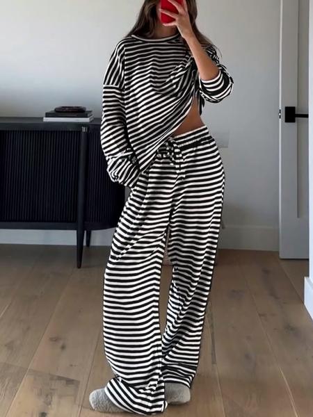 Women's Casual Striped Long Sleeve Top & Pants Set, Comfortable Loose-Fitting Two-Piece, Fashionable Clothing for Daily Wear