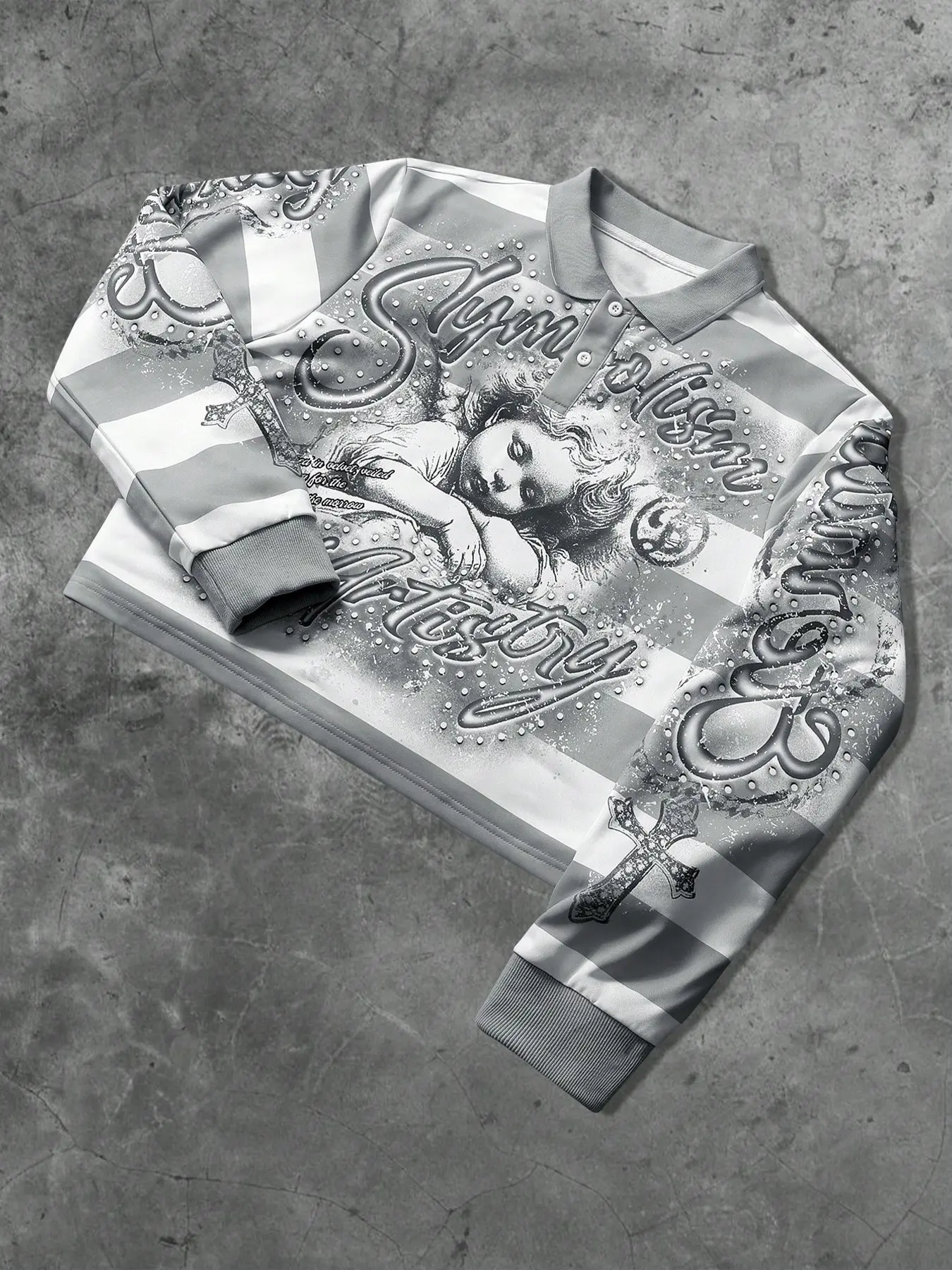 Acubi Style Grey Striped Long Sleeve Crop Top, Sparkly Rhinestone Cherub Graphic Polo Sweatshirt, Cyber Y2K Streetwear