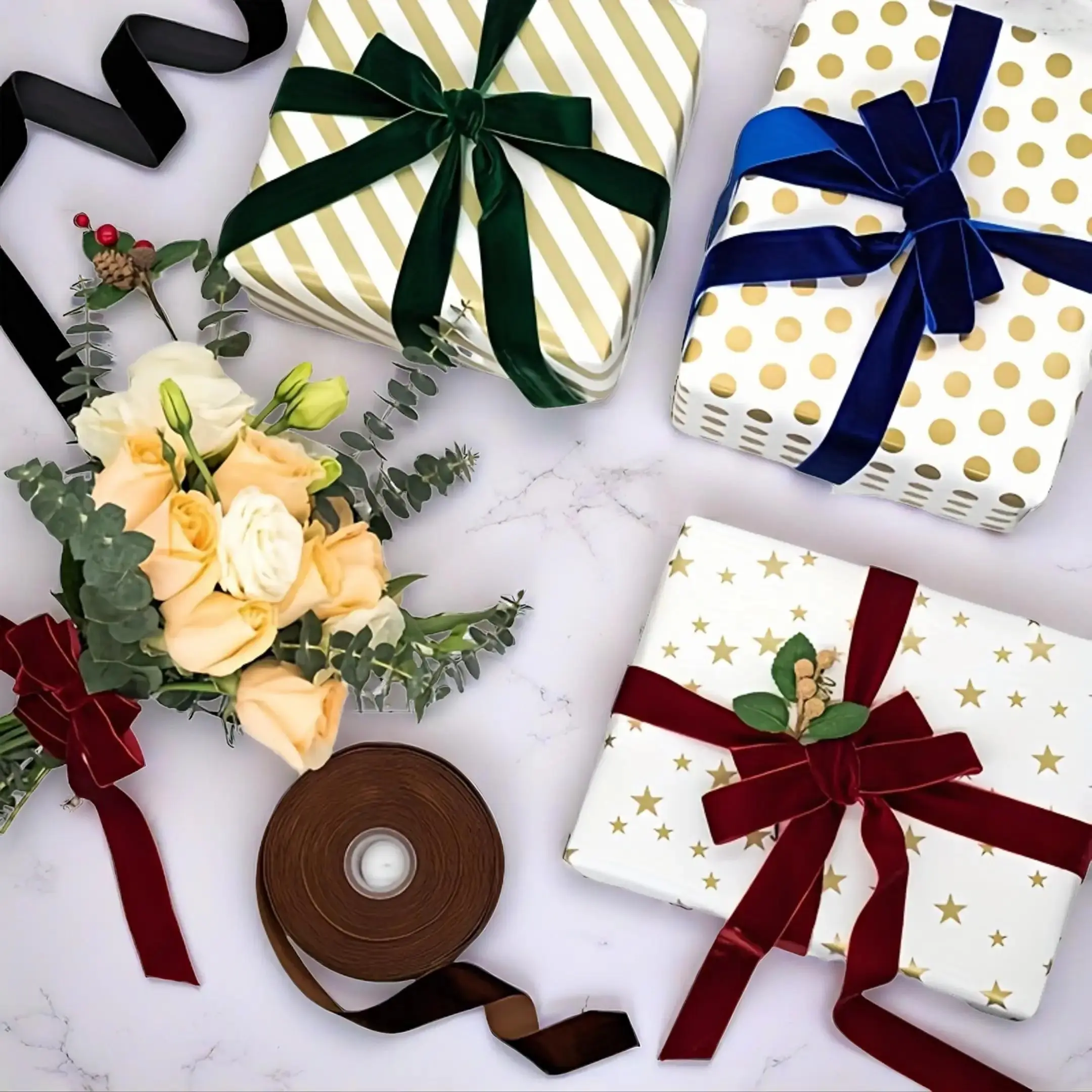 2 Rolls 5 Yards Velvet Ribbon, Luxurious Elegant Style, 1 Inch Wide, Easy Cut, Gift Wrapping, Bow Making, Holiday DIY Crafts