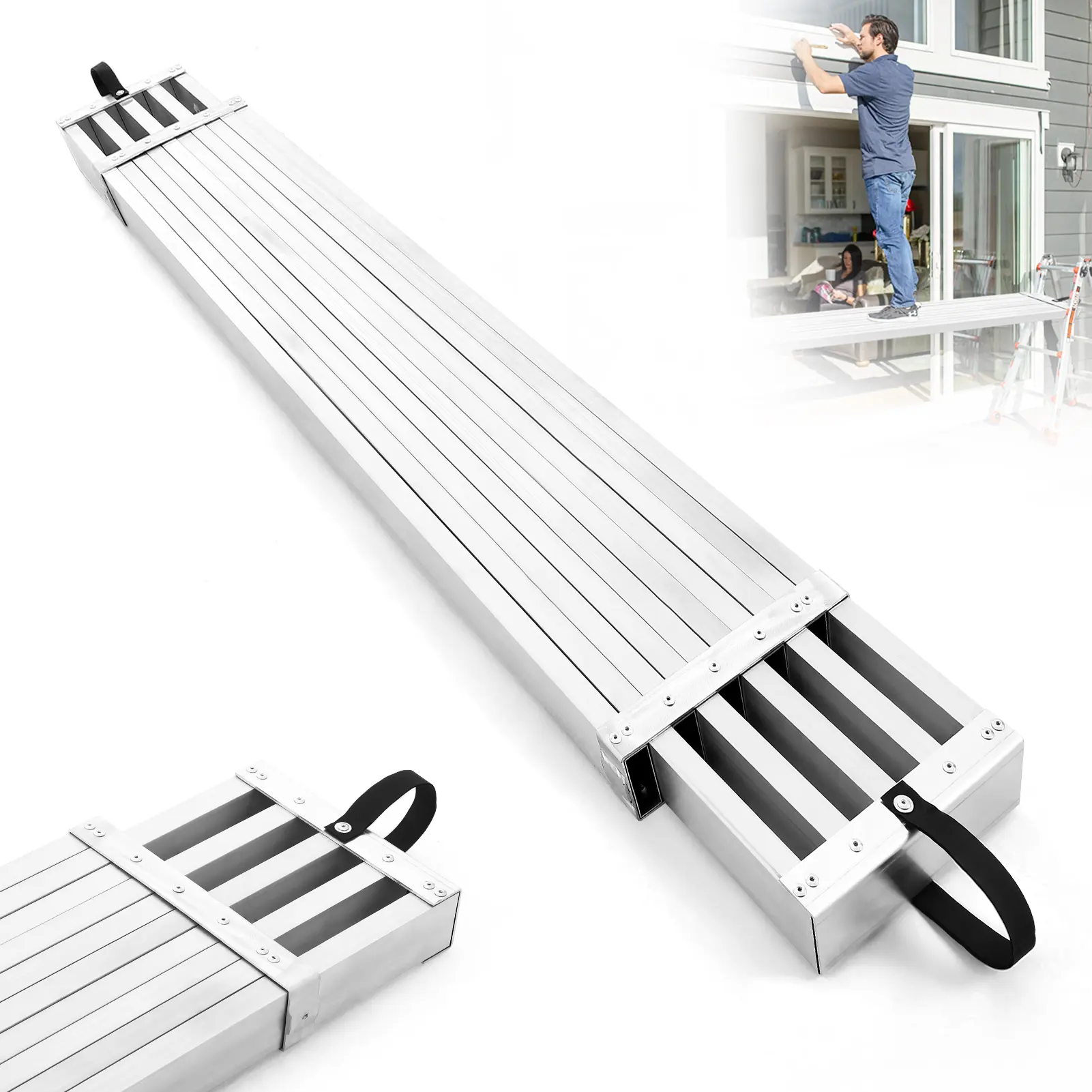Adjustable Aluminum Telescoping Work Plank for Scaffolding – 440lbs Capacity, 12.5" Wide, Skid-Proof Platform, Portable Extension Ladder Board for Construction and Home Renovation – Adjustable 6-15ft