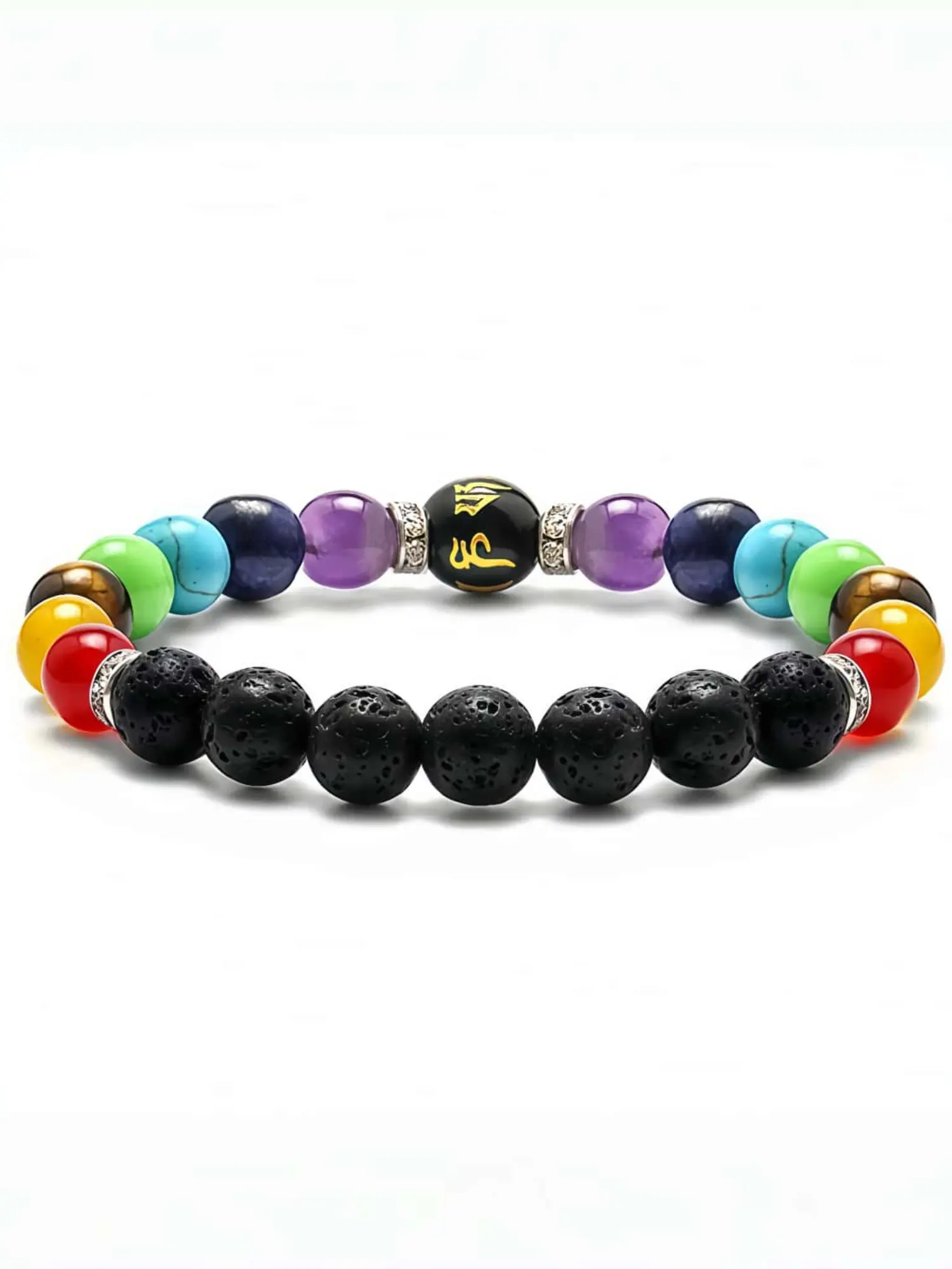 1 Pc Colorful Seven Chakra Fashionable Men's And Women's Bracelets Natural Volcanic Stone Elastic Bead Bracelets Men's And Women's Meditation Yoga Bracelets