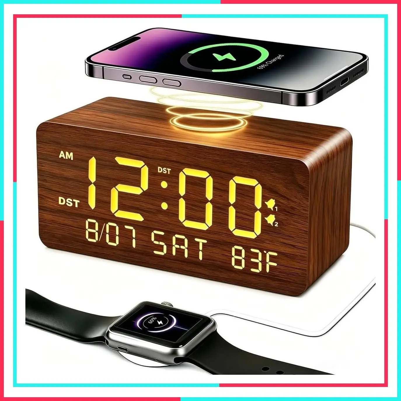 Brown Wooden Digital Alarm Clock with Wireless Phone Charger, Dual USB Charging Ports, Dimmable LED Display, Date & Day of Week – Bedside Nightstand Clock for Bedroom