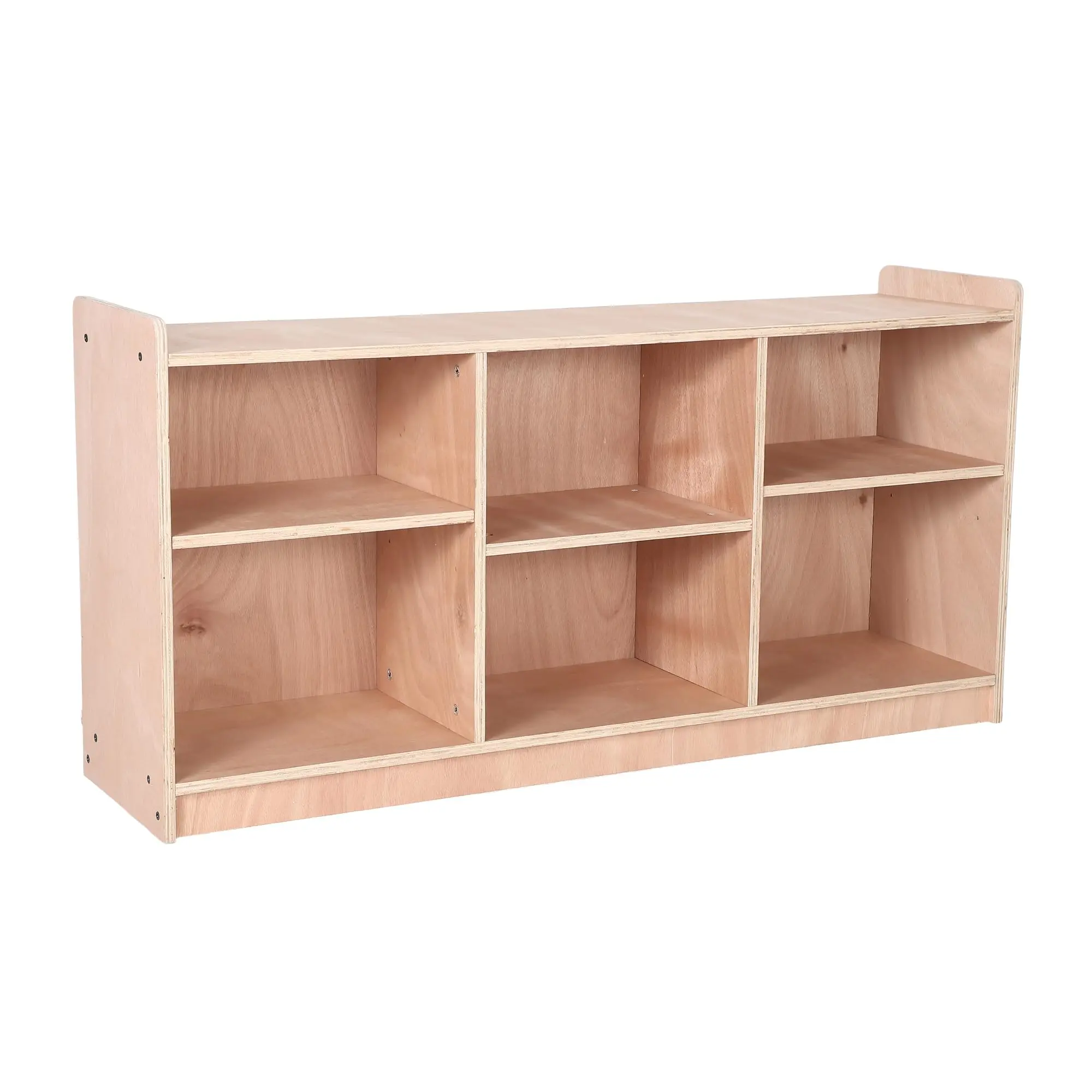Child-Centered Wooden Kids Bookshelf Organizer – 6 Compartments, Adjustable Dividers – Floor Standing Storage Cabinet for Playroom, Nursery, Study Room – Natural Finish