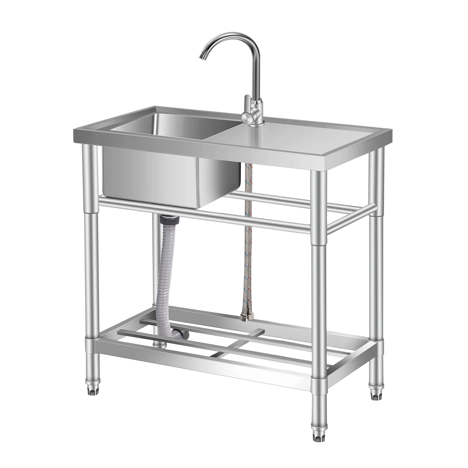 Stainless Steel Utility Sink with Faucet & Workbench, Commercial Freestanding Single Bowl Sink with Hot & Cold Water Pipes, Storage Shelf for Restaurant, Kitchen, Garage, Laundry, Outdoor