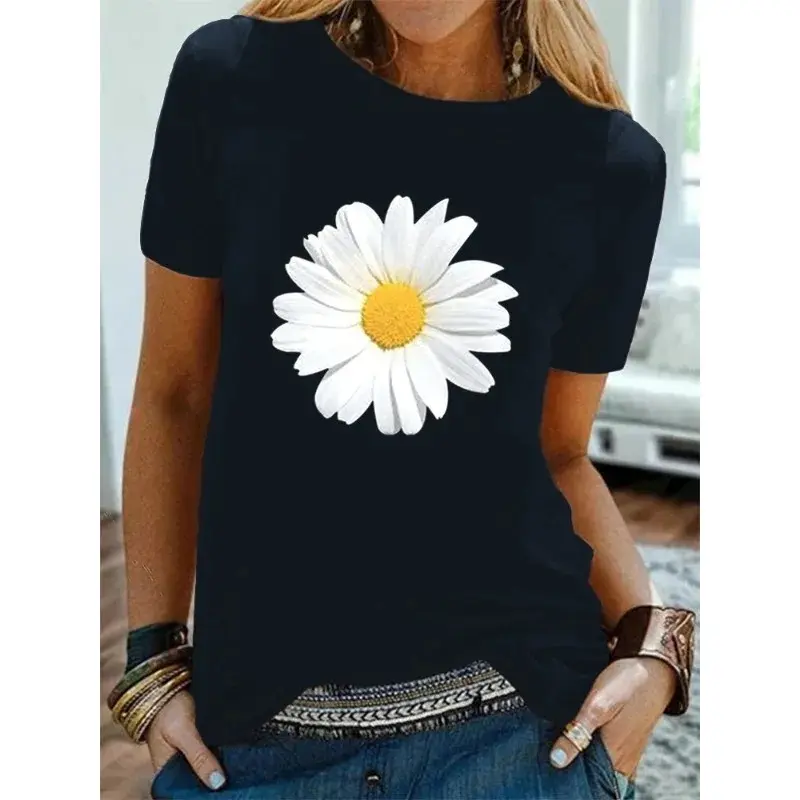 Women's 100% Soft Cotton Breathable Graphic T-Shirt - Round Neck, Daisy Printed, Short Sleeve, Harajuku Aesthetic Streetwear Top (Cold Wash Safe), Well-Fitted