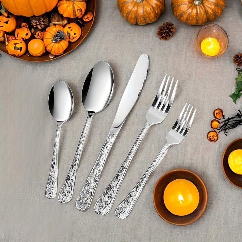 Stainless Steel Vintage Engraved Cutlery Set, 20pcs/set Including Knife & Fork & Spoon, Tableware Set for Home Kitchen Dining Room