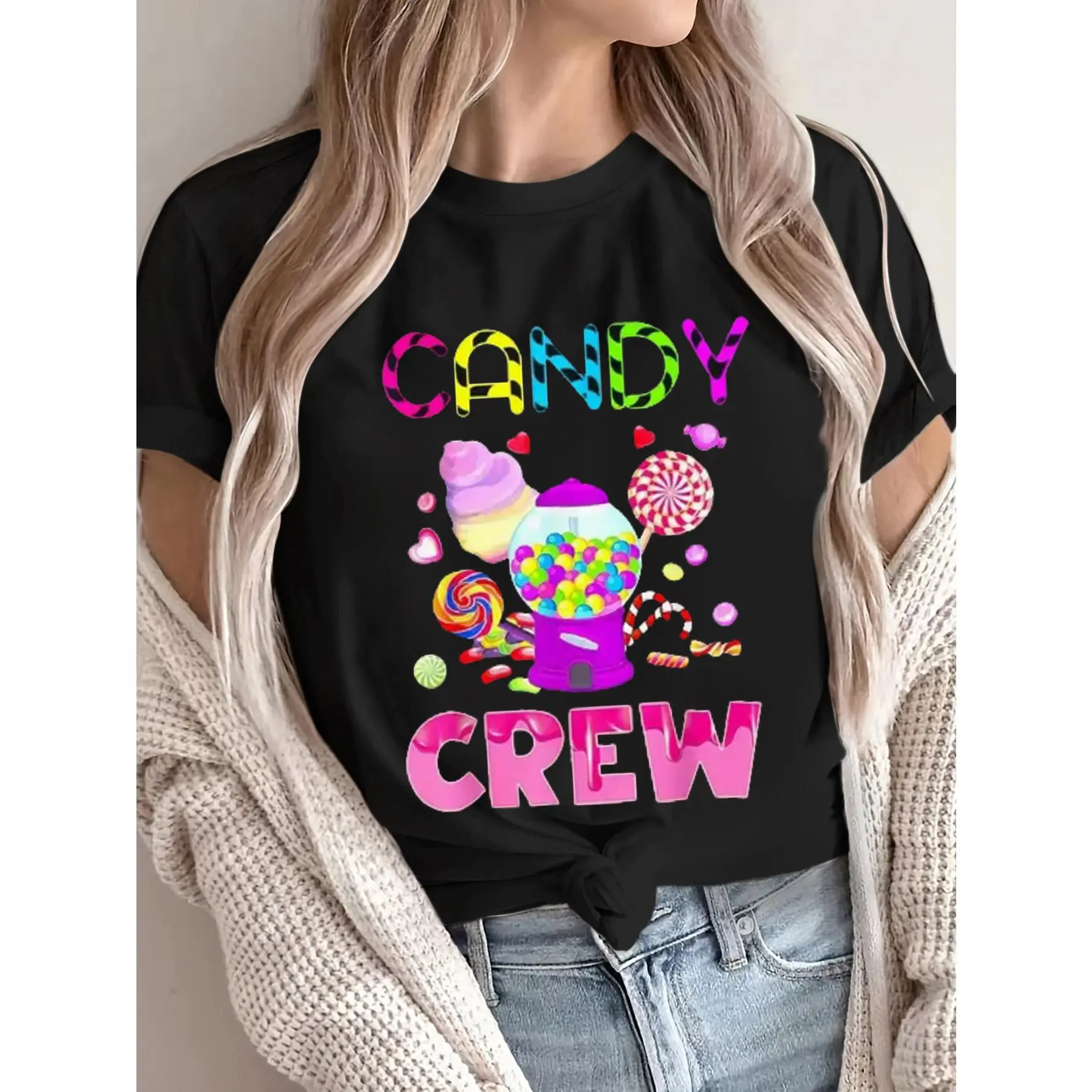 Candy Themed Party T-shirt, Summer New Women's Loose T-shirt, 'Candy Team', Ice Cream, Lollipop, Candy Machine Printed T-shirt, Short Sleeved