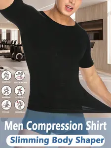 1 Count Men’s Short Sleeve Compression Shirt Shaperwear Tops, Fajas, High Elastic Fabric Waist Trainer, Strong Abdomen Control And Chest Support Vest, Tummy Tightening Crew Neck Top For Gym And Daily Use