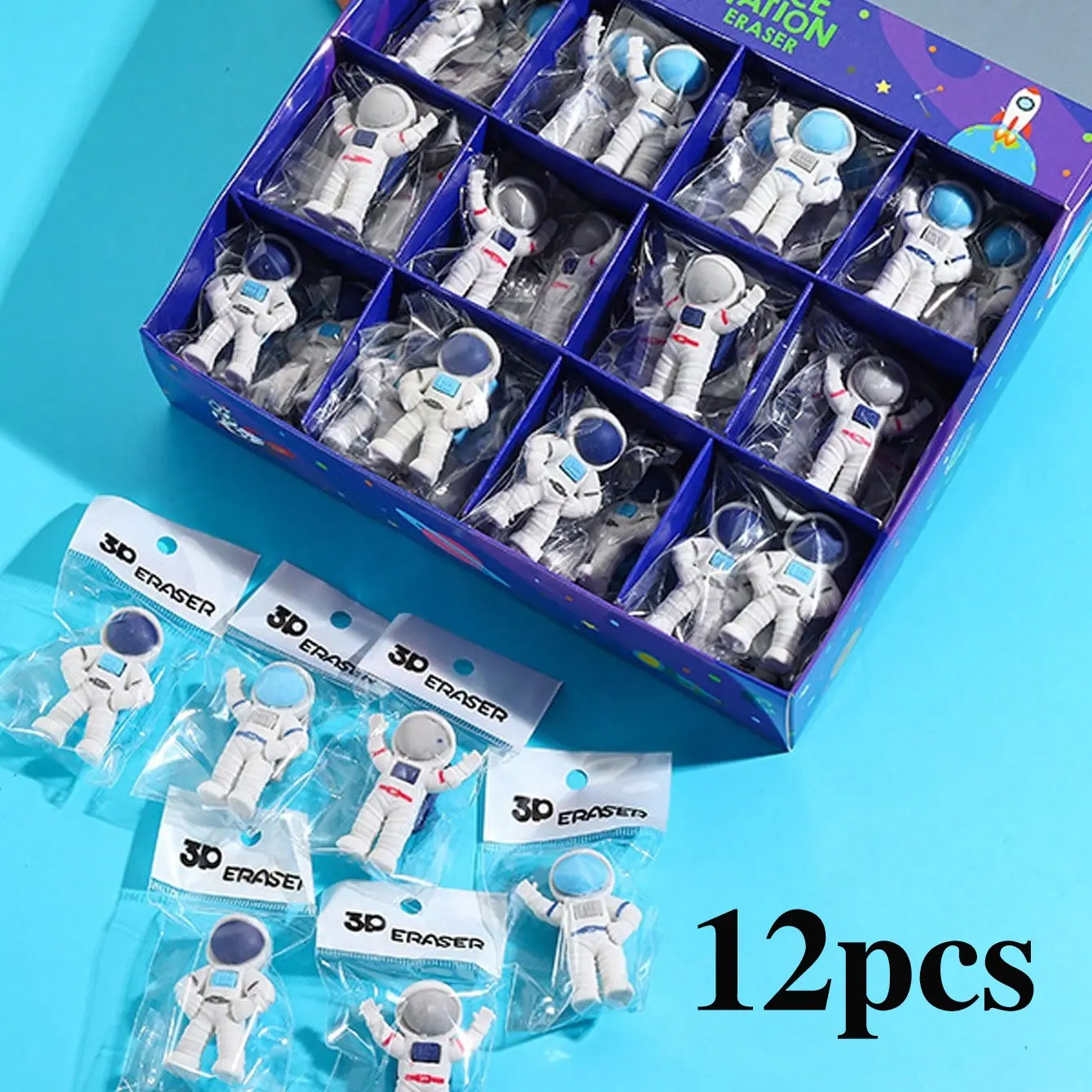 12pcs Cute Space-Themed Eraser, Portable Multi-Functional Mini Astronaut Eraser, Writing Stationery, Student Prize, Party Souvenir, Back-To-School Season
