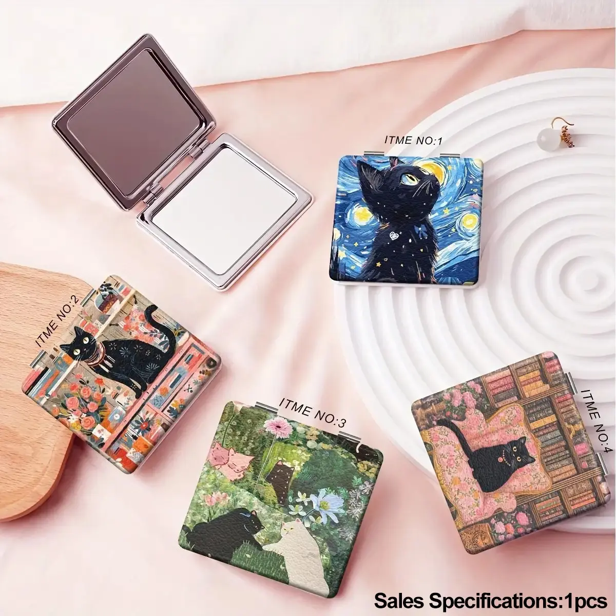 Van Gogh Starry Night Black Cat Foldable Compact Mirror, Cute Vintage Cat Art Portable PU Makeup Mirror, Aesthetic Hand Mirror Gift for Cat Lovers Birthday Valentine Wedding