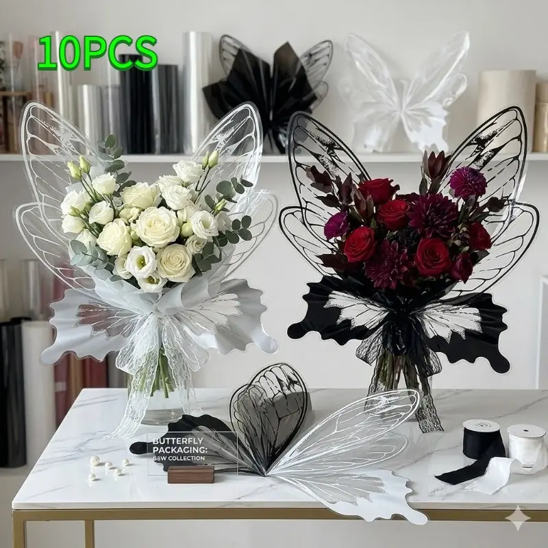 10 Pcs Waterproof Transparent Crystal Butterfly Floral Wrapping Paper, Elegant Light Luxury Style, Water & Stain Resistant, Clear Tough Bouquet Packing Material, Perfect for Florists, Valentine's Day, Wedding, Banquet & Holiday Flower Gift Packaging