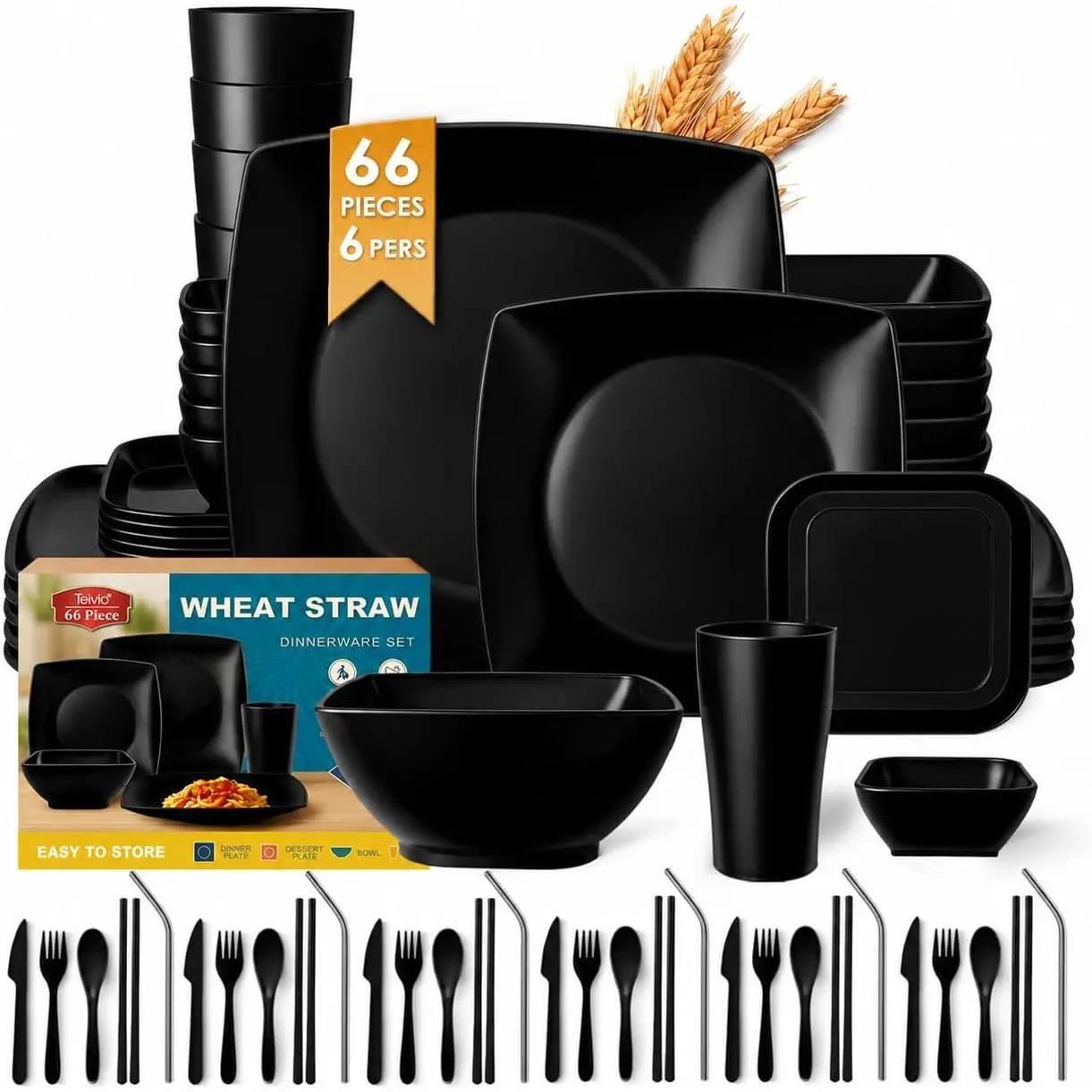 66-piece With Flatware Plastic Kitchen Wheat Straw Square Dinnerware Set for 6, Unbreakable Dinner/Salad/Appetizer Plates, Snack Bowls, Dipping Sauce Cups,Tumblers, Dishwasher Safe Dish,Black