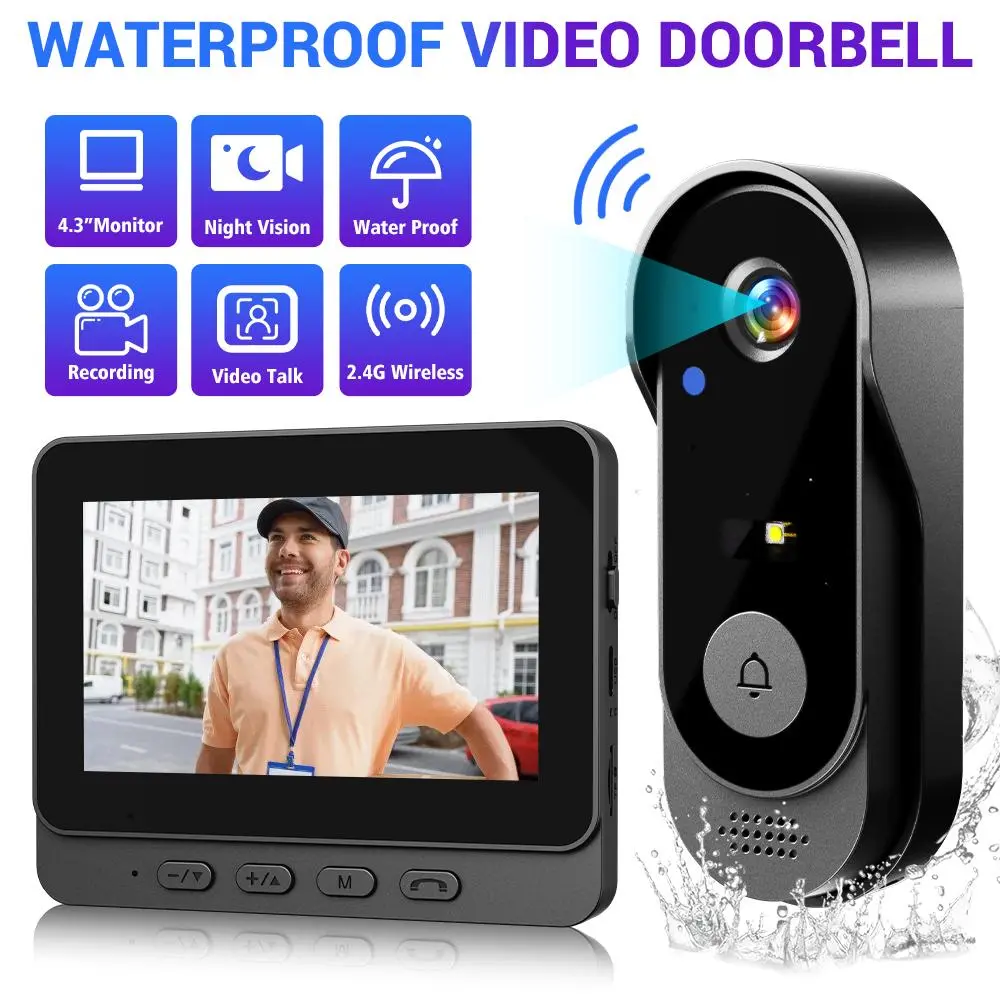 【DealsForYouDays】X8 Wireless Visual Doorbell with 4.3" Screen, Indoor Chime, 2.4G Connectivity, Waterproof Design, Color 2-Way Talk, Night Vision, No App & No Monthly Fees Home Security Device
