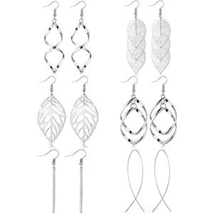 6 Pairs Drop Dangle Earrings for Women Long Bar Double Twist Wave Curved Threader Cut Out Leaf Lightweight Earrings Set