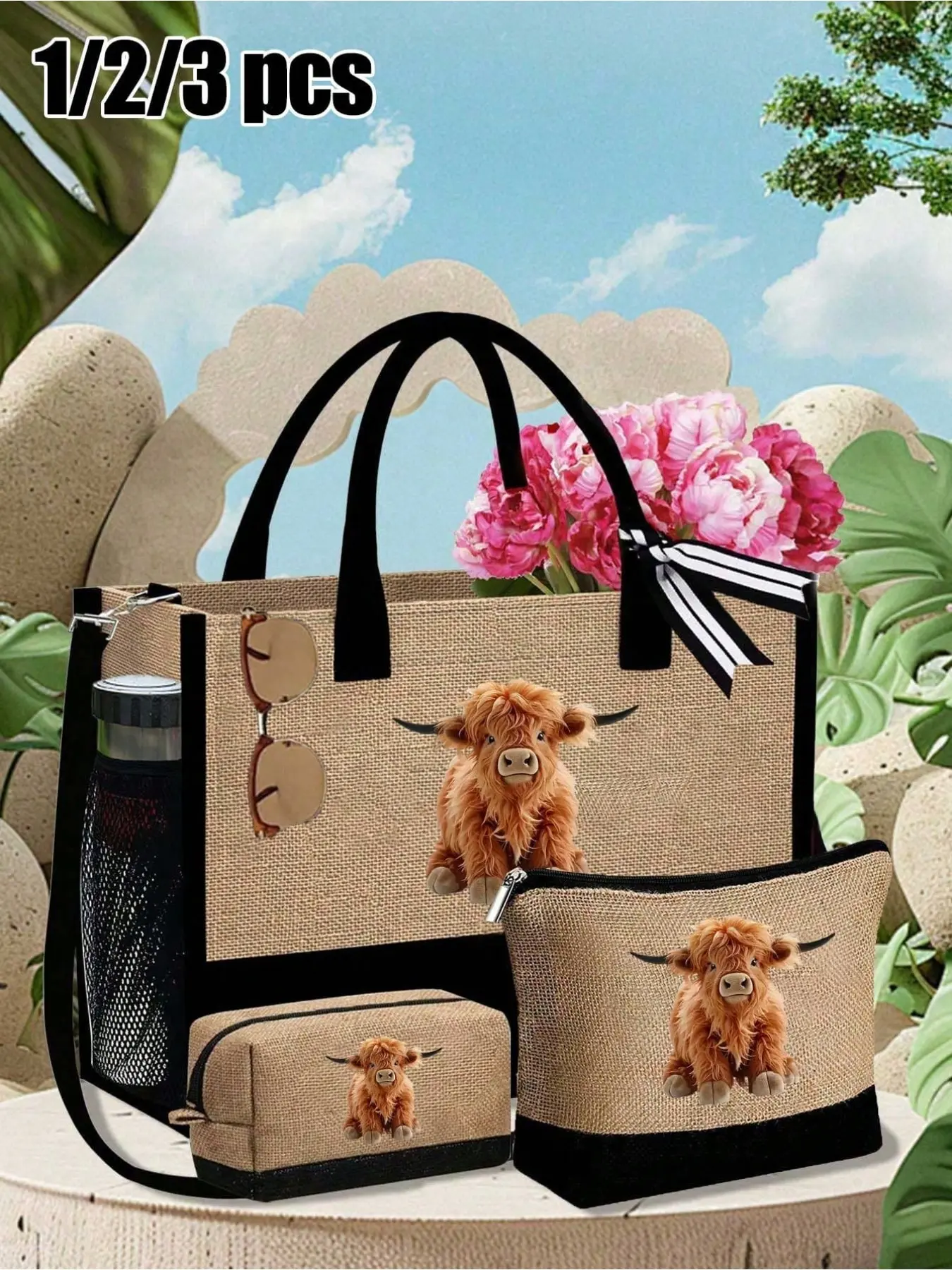 Cute Long-Horn Cow Theme Handbag Set, Large Capacity Shoulder Bag, Beach Bag, Perfect for Vacation, Commuting, Back-To-School, Mother's Day Gift