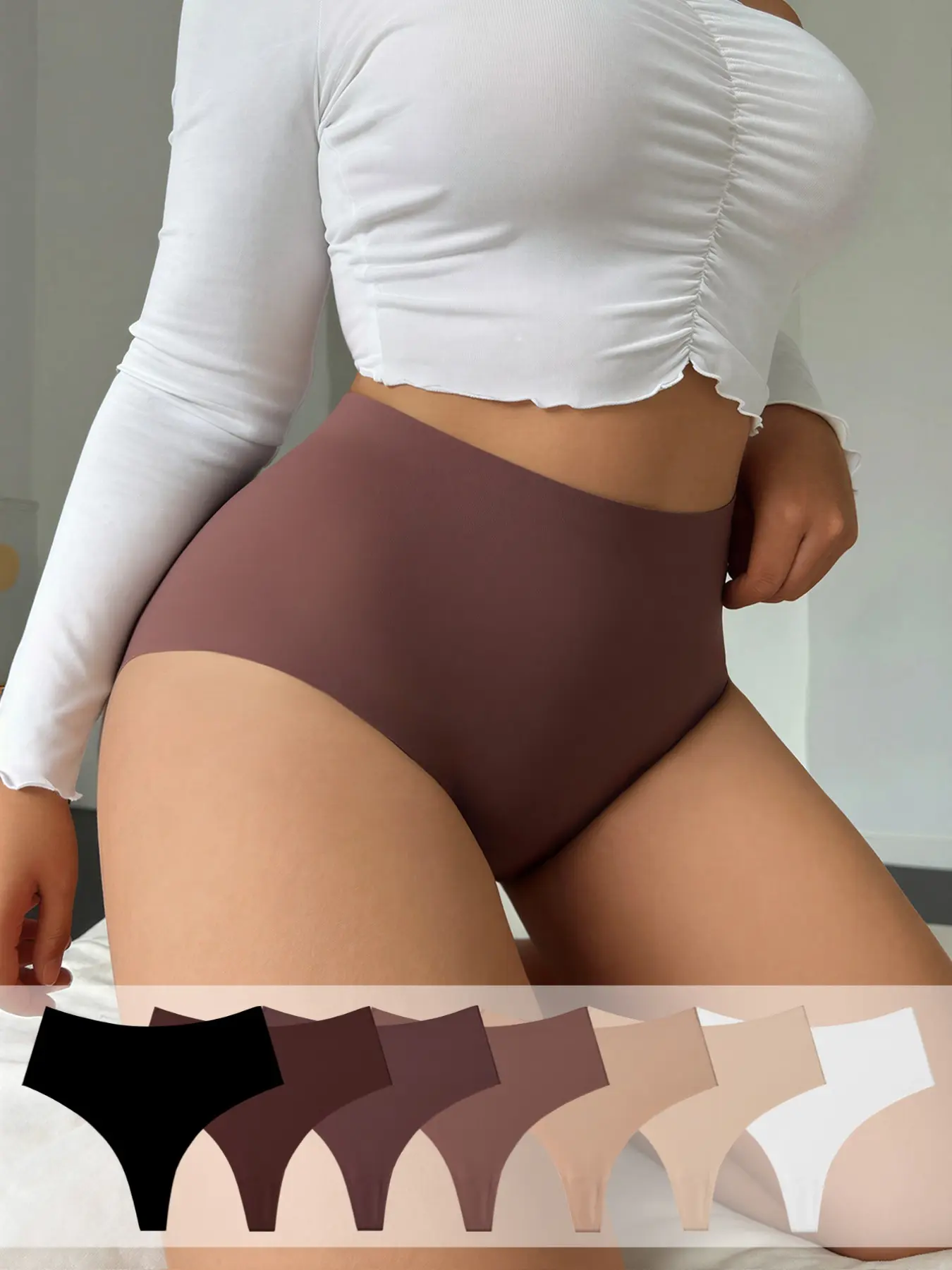 Hotcom 7-Pack Plus Size Women's High-Waisted Seamless Ice Silk Thong, Casual, Shell Edge Soft Smooth, Waist Cinch Not Tight, Invisible Fit, Casual Soft Panties